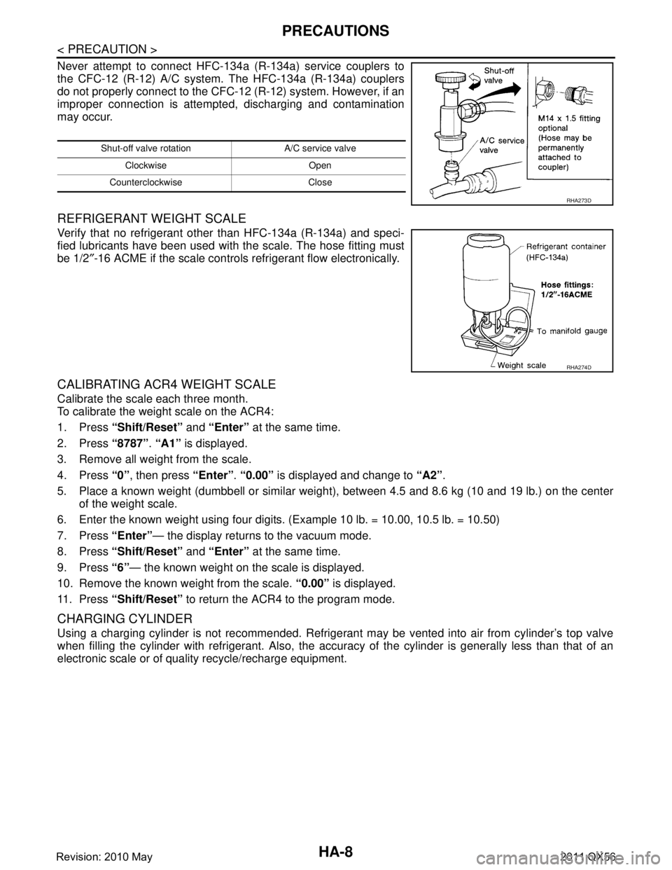 INFINITI QX56 2011 Factory Service Manual
HA-8
< PRECAUTION >
PRECAUTIONS
Never attempt to connect HFC-134a (R-134a) service couplers to
the CFC-12 (R-12) A/C system. The HFC-134a (R-134a) couplers
do not properly connect to the CFC-12 (R-12 INFINITI QX56 2011 Factory Service Manual
HA-8
< PRECAUTION >
PRECAUTIONS
Never attempt to connect HFC-134a (R-134a) service couplers to
the CFC-12 (R-12) A/C system. The HFC-134a (R-134a) couplers
do not properly connect to the CFC-12 (R-12