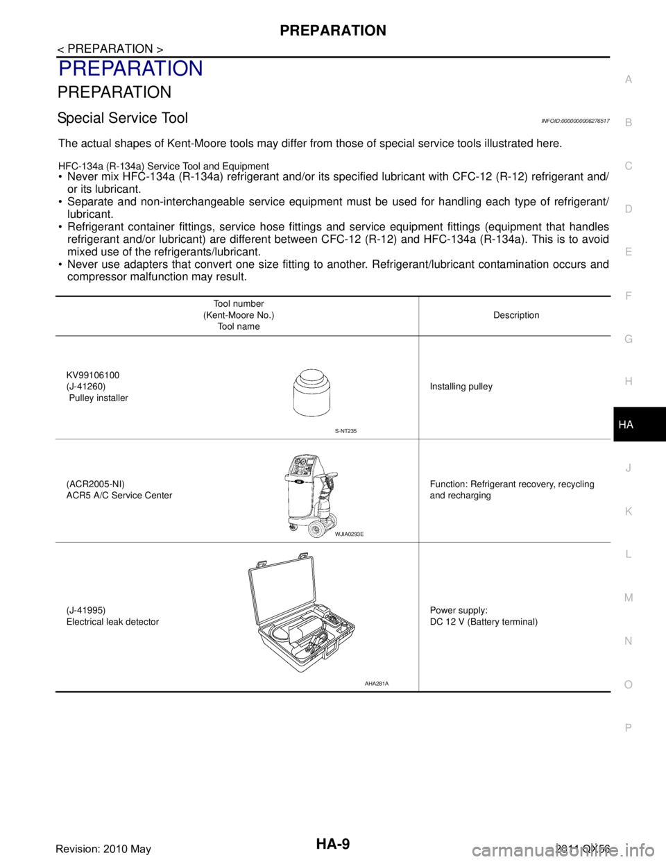 INFINITI QX56 2011 Factory Service Manual
PREPARATIONHA-9
< PREPARATION >
C
DE
F
G H
J
K L
M A
B
HA
N
O P
PREPARATION
PREPARATION
Special Service ToolINFOID:0000000006276517
The actual shapes of Kent-Moore tools may differ fr om those of spe INFINITI QX56 2011 Factory Service Manual
PREPARATIONHA-9
< PREPARATION >
C
DE
F
G H
J
K L
M A
B
HA
N
O P
PREPARATION
PREPARATION
Special Service ToolINFOID:0000000006276517
The actual shapes of Kent-Moore tools may differ fr om those of spe