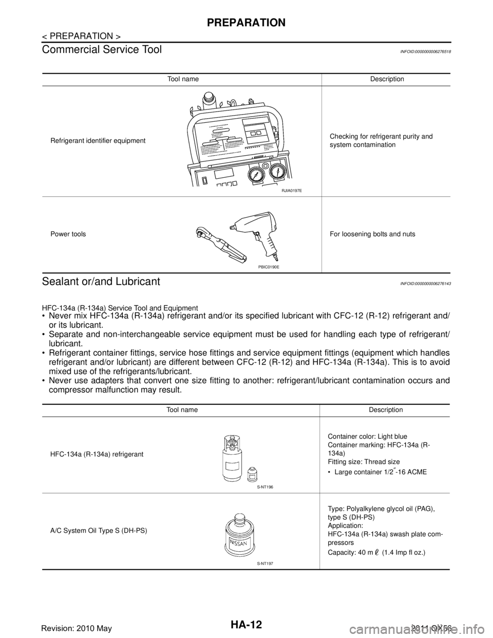 INFINITI QX56 2011 Factory Service Manual
HA-12
< PREPARATION >
PREPARATION
Commercial Service Tool
INFOID:0000000006276518
Sealant or/and LubricantINFOID:0000000006276143
HFC-134a (R-134a) Service Tool and Equipment
Never mix HFC-134a (R- INFINITI QX56 2011 Factory Service Manual
HA-12
< PREPARATION >
PREPARATION
Commercial Service Tool
INFOID:0000000006276518
Sealant or/and LubricantINFOID:0000000006276143
HFC-134a (R-134a) Service Tool and Equipment
Never mix HFC-134a (R-