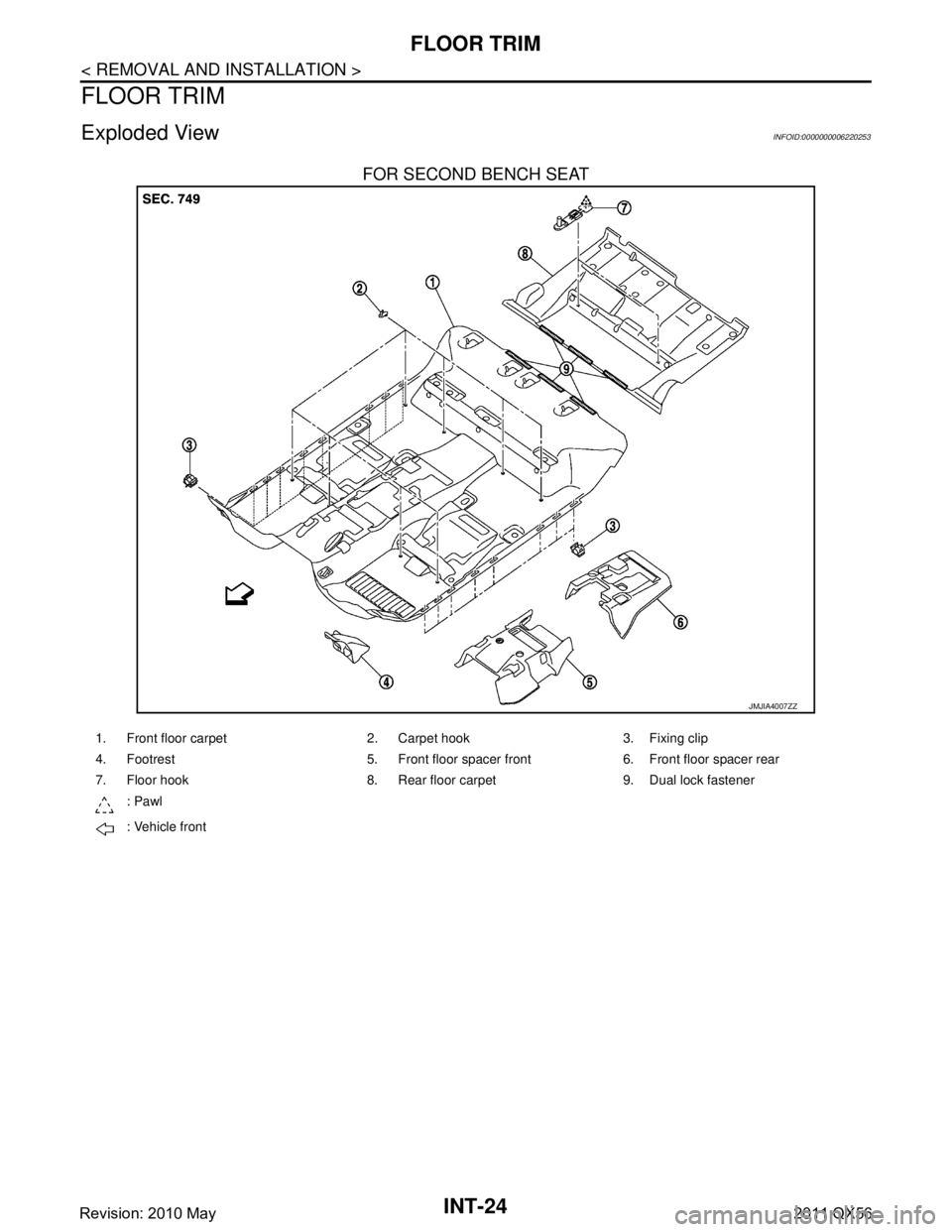 INFINITI QX56 2011 Factory Service Manual
INT-24
< REMOVAL AND INSTALLATION >
FLOOR TRIM
FLOOR TRIM
Exploded ViewINFOID:0000000006220253
FOR SECOND BENCH SEAT
JMJIA4007ZZ
1. Front floor carpet 2. Carpet hook 3. Fixing clip
4. Footrest 5. Fro INFINITI QX56 2011 Factory Service Manual
INT-24
< REMOVAL AND INSTALLATION >
FLOOR TRIM
FLOOR TRIM
Exploded ViewINFOID:0000000006220253
FOR SECOND BENCH SEAT
JMJIA4007ZZ
1. Front floor carpet 2. Carpet hook 3. Fixing clip
4. Footrest 5. Fro