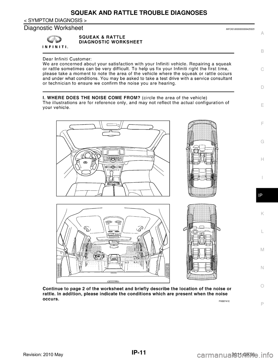 INFINITI QX56 2011 Factory Service Manual
SQUEAK AND RATTLE TROUBLE DIAGNOSESIP-11
< SYMPTOM DIAGNOSIS >
C
DE
F
G H
I
K L
M A
B
IP
N
O P
Diagnostic WorksheetINFOID:0000000006425525
PIIB8741E
Revision: 2010 May2011 QX56 INFINITI QX56 2011 Factory Service Manual
SQUEAK AND RATTLE TROUBLE DIAGNOSESIP-11
< SYMPTOM DIAGNOSIS >
C
DE
F
G H
I
K L
M A
B
IP
N
O P
Diagnostic WorksheetINFOID:0000000006425525
PIIB8741E
Revision: 2010 May2011 QX56