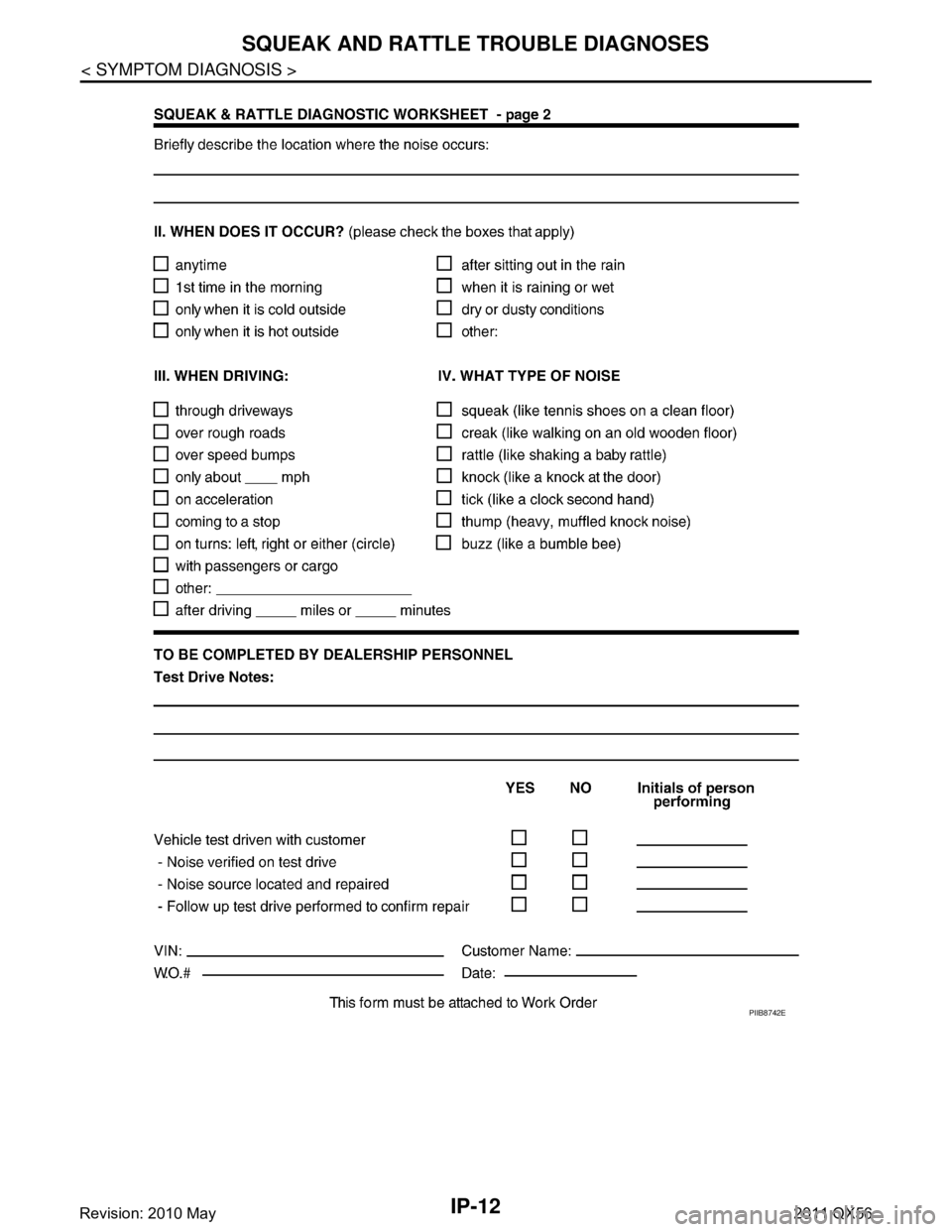 INFINITI QX56 2011 Factory Service Manual
IP-12
< SYMPTOM DIAGNOSIS >
SQUEAK AND RATTLE TROUBLE DIAGNOSES
PIIB8742E
Revision: 2010 May2011 QX56 INFINITI QX56 2011 Factory Service Manual
IP-12
< SYMPTOM DIAGNOSIS >
SQUEAK AND RATTLE TROUBLE DIAGNOSES
PIIB8742E
Revision: 2010 May2011 QX56