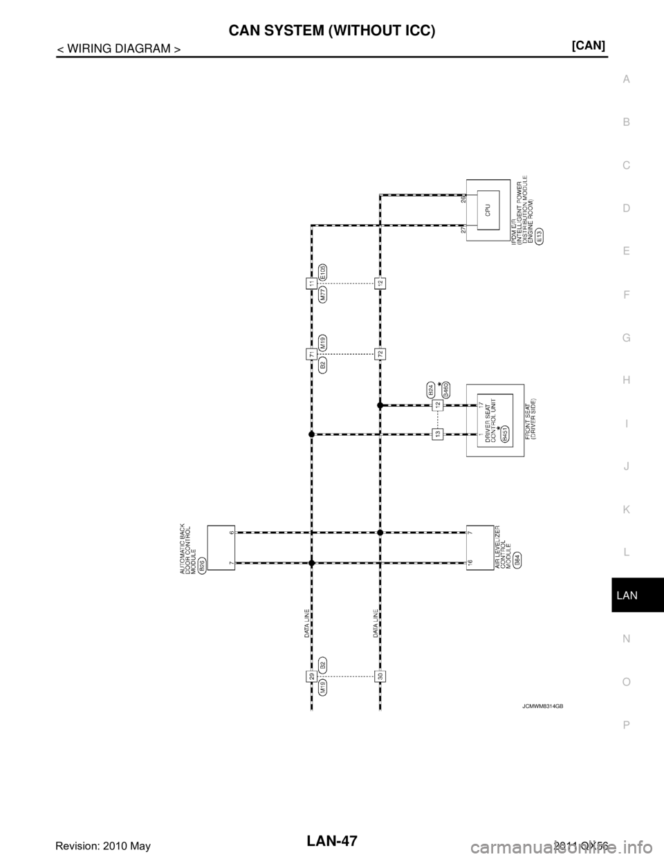INFINITI QX56 2011  Factory Service Manual 
LAN
CAN SYSTEM (WITHOUT ICC)LAN-47
< WIRING DIAGRAM > [CAN]
C
D
E
F
G H
I
J
K L
B A
O P
N
JCMWM8314GB
Revision: 2010 May2011 QX56  