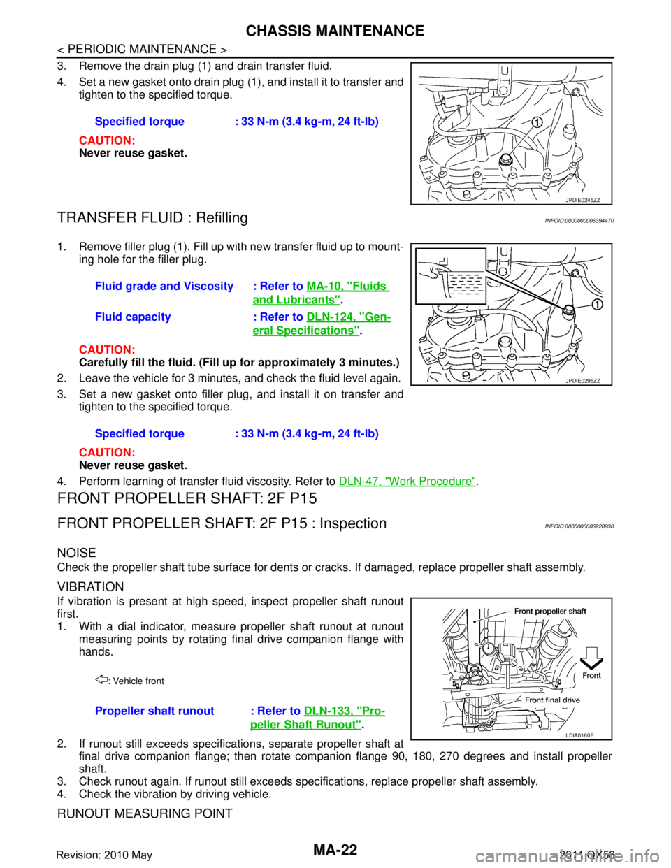 INFINITI QX56 2011 Factory Service Manual
MA-22
< PERIODIC MAINTENANCE >
CHASSIS MAINTENANCE
3. Remove the drain plug (1) and drain transfer fluid.
4. Set a new gasket onto drain plug (1), and install it to transfer andtighten to the specif INFINITI QX56 2011 Factory Service Manual
MA-22
< PERIODIC MAINTENANCE >
CHASSIS MAINTENANCE
3. Remove the drain plug (1) and drain transfer fluid.
4. Set a new gasket onto drain plug (1), and install it to transfer andtighten to the specif