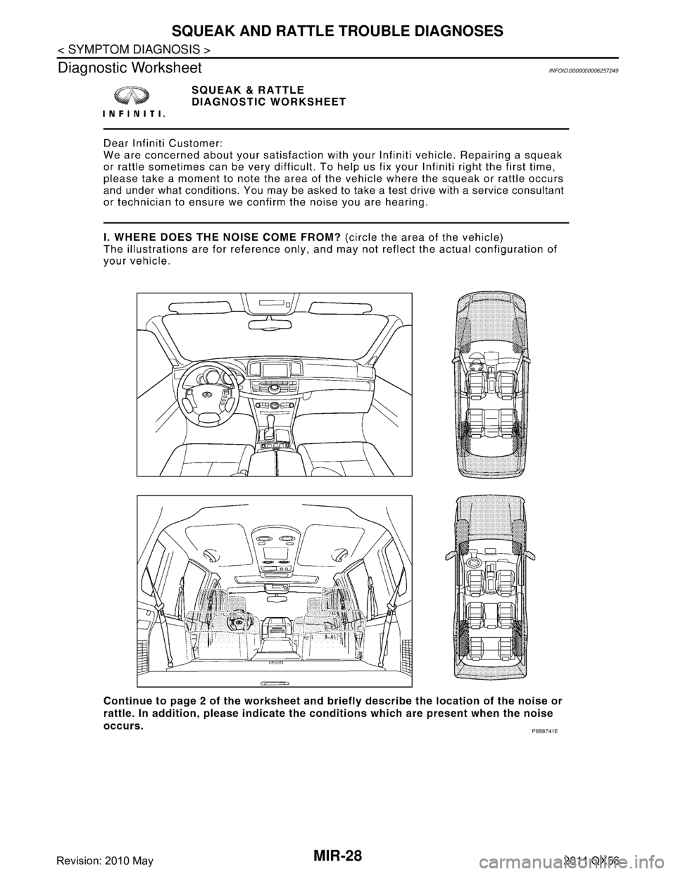 INFINITI QX56 2011  Factory Service Manual 
MIR-28
< SYMPTOM DIAGNOSIS >
SQUEAK AND RATTLE TROUBLE DIAGNOSES
Diagnostic Worksheet
INFOID:0000000006257249
PIIB8741E
Revision: 2010 May2011 QX56  