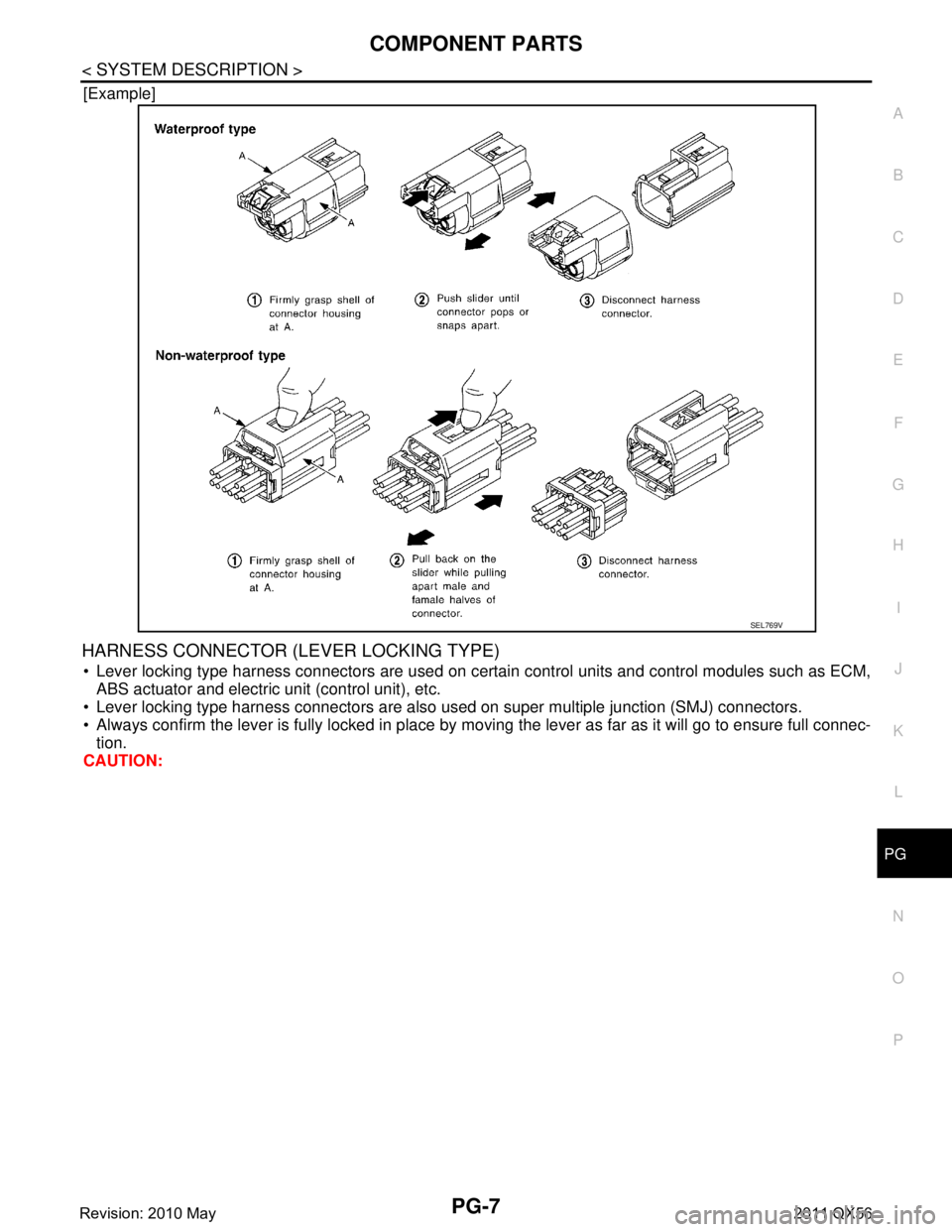 INFINITI QX56 2011  Factory Service Manual 
PG
COMPONENT PARTSPG-7
< SYSTEM DESCRIPTION >
C
DE
F
G H
I
J
K L
B A
O P
N
[Example]
HARNESS CONNECTOR (LEVER LOCKING TYPE)
 Lever locking type harness connectors are used on cert
ain control units 