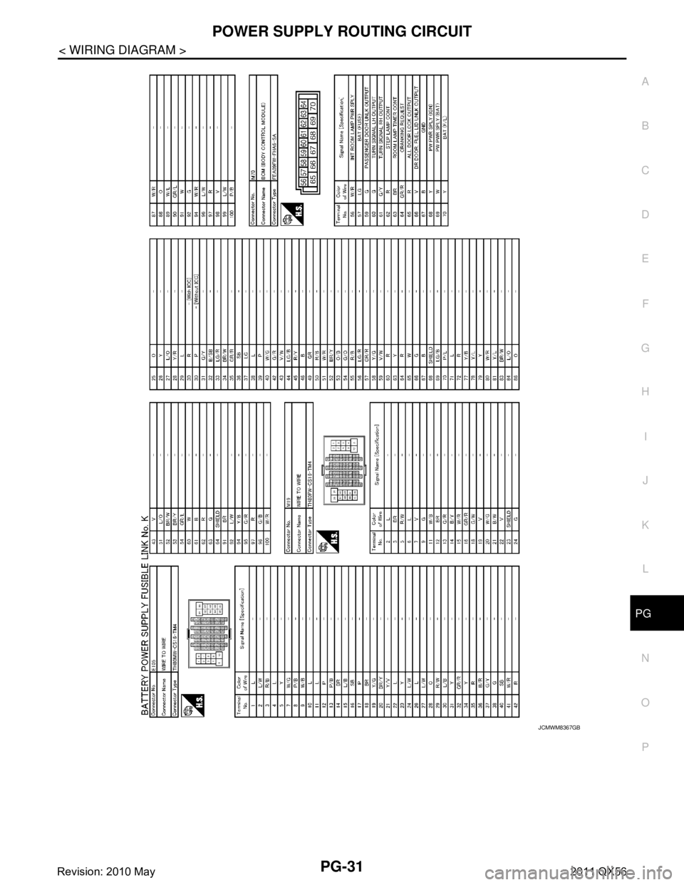 INFINITI QX56 2011 Factory Service Manual
PG
POWER SUPPLY ROUTING CIRCUITPG-31
< WIRING DIAGRAM >
C
DE
F
G H
I
J
K L
B A
O P
N
JCMWM8367GB
Revision: 2010 May2011 QX56 INFINITI QX56 2011 Factory Service Manual
PG
POWER SUPPLY ROUTING CIRCUITPG-31
< WIRING DIAGRAM >
C
DE
F
G H
I
J
K L
B A
O P
N
JCMWM8367GB
Revision: 2010 May2011 QX56