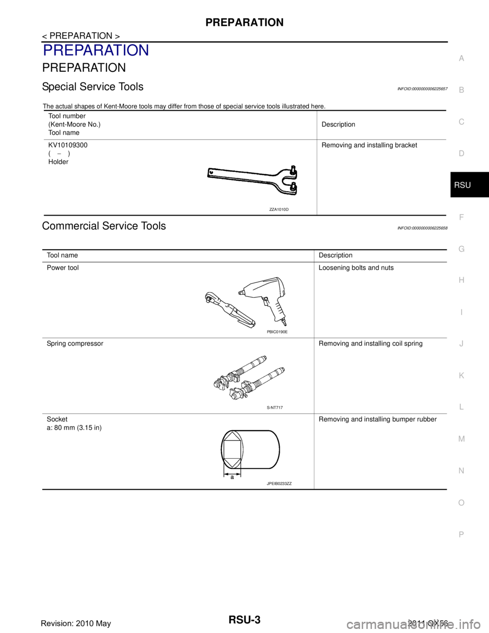 INFINITI QX56 2011 Factory Service Manual
PREPARATIONRSU-3
< PREPARATION >
C
DF
G H
I
J
K L
M A
B
RSU
N
O P
PREPARATION
PREPARATION
Special Service ToolsINFOID:0000000006225657
The actual shapes of Kent-Moore t ools may differ from those of INFINITI QX56 2011 Factory Service Manual
PREPARATIONRSU-3
< PREPARATION >
C
DF
G H
I
J
K L
M A
B
RSU
N
O P
PREPARATION
PREPARATION
Special Service ToolsINFOID:0000000006225657
The actual shapes of Kent-Moore t ools may differ from those of