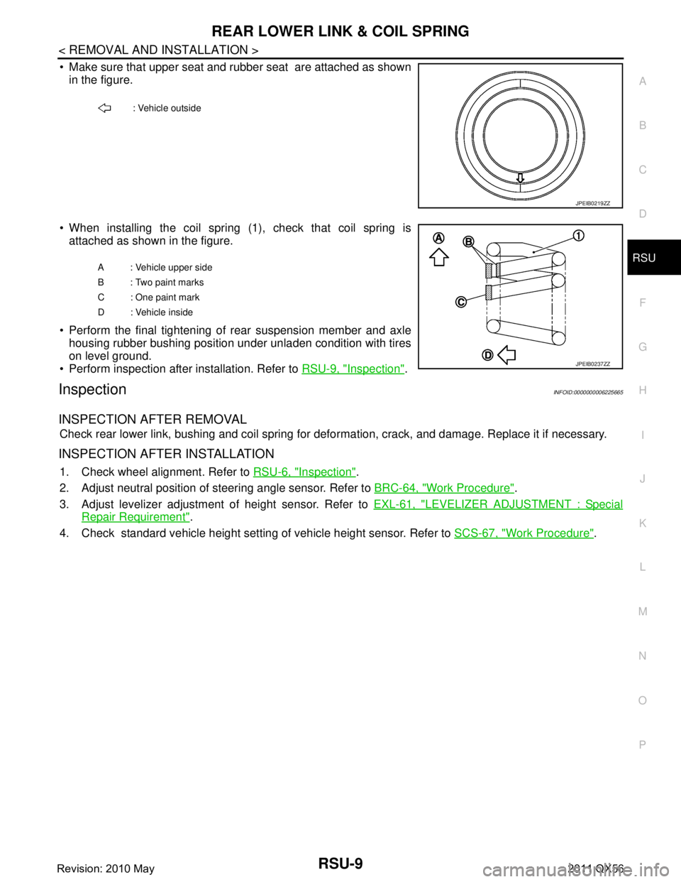INFINITI QX56 2011 Factory Service Manual
REAR LOWER LINK & COIL SPRINGRSU-9
< REMOVAL AND INSTALLATION >
C
DF
G H
I
J
K L
M A
B
RSU
N
O P
Make sure that upper seat and rubber seat are attached as shown in the figure.
When installing th INFINITI QX56 2011 Factory Service Manual
REAR LOWER LINK & COIL SPRINGRSU-9
< REMOVAL AND INSTALLATION >
C
DF
G H
I
J
K L
M A
B
RSU
N
O P
Make sure that upper seat and rubber seat are attached as shown in the figure.
When installing th