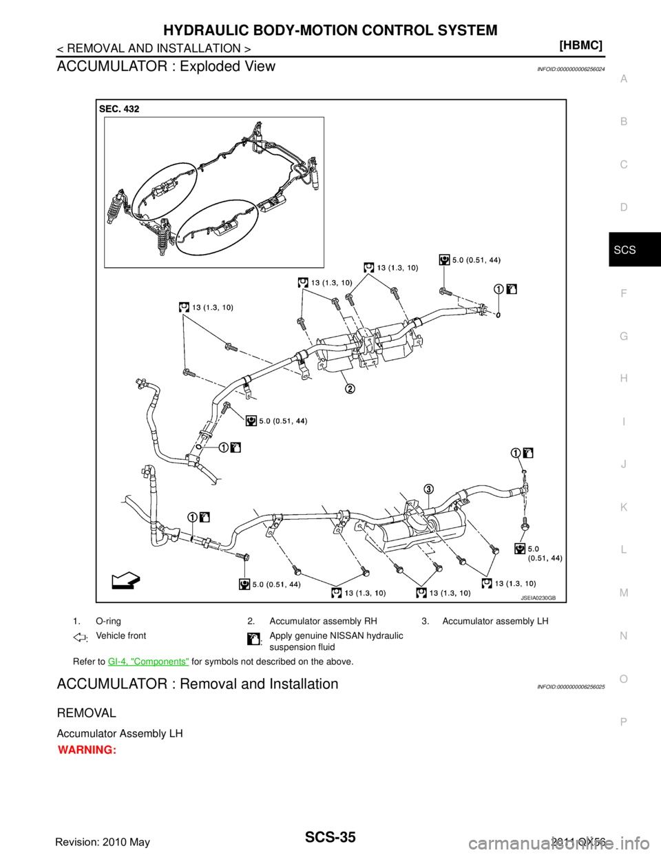 INFINITI QX56 2011  Factory Service Manual 
HYDRAULIC BODY-MOTION CONTROL SYSTEMSCS-35
< REMOVAL AND INSTALLATION > [HBMC]
C
D
F
G H
I
J
K L
M A
B
SCS
N
O P
ACCUMULATOR : Exploded ViewINFOID:0000000006256024
ACCUMULATOR : Removal and Installat