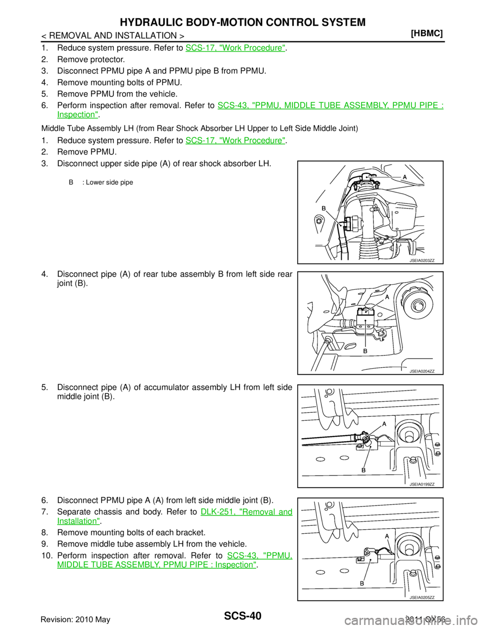 INFINITI QX56 2011  Factory Service Manual 
SCS-40
< REMOVAL AND INSTALLATION >[HBMC]
HYDRAULIC BODY-MOTION CONTROL SYSTEM
1. Reduce system pressure. Refer to 
SCS-17, "Work Procedure".
2. Remove protector.
3. Disconnect PPMU pipe A and PPMU p