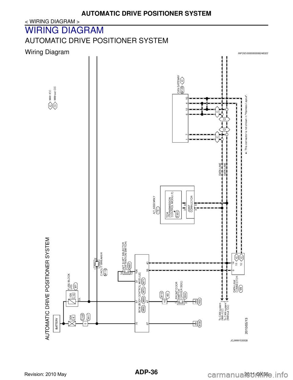 INFINITI QX56 2011  Factory Service Manual 
ADP-36
< WIRING DIAGRAM >
AUTOMATIC DRIVE POSITIONER SYSTEM
WIRING DIAGRAM
AUTOMATIC DRIVE POSITIONER SYSTEM
Wiring DiagramINFOID:0000000006248322
JCJWM1530GB
Revision: 2010 May2011 QX56  