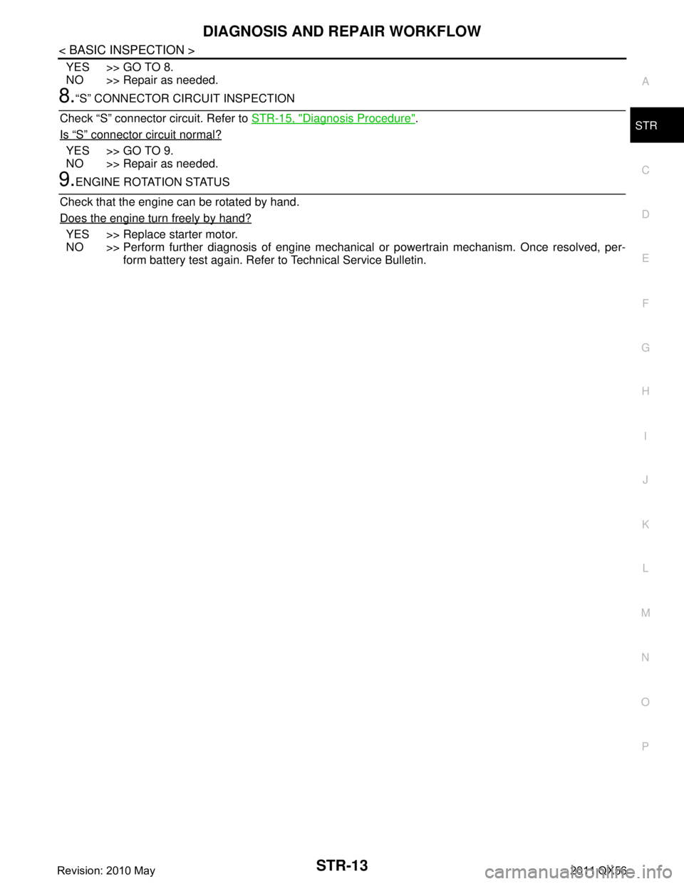 INFINITI QX56 2011 Factory Service Manual
DIAGNOSIS AND REPAIR WORKFLOWSTR-13
< BASIC INSPECTION >
C
DE
F
G H
I
J
K L
M A
STR
NP
O
YES >> GO TO 8.
NO >> Repair as needed.
8.“S” CONNECTOR CIRCUIT INSPECTION
Check “S” connector circuit INFINITI QX56 2011 Factory Service Manual
DIAGNOSIS AND REPAIR WORKFLOWSTR-13
< BASIC INSPECTION >
C
DE
F
G H
I
J
K L
M A
STR
NP
O
YES >> GO TO 8.
NO >> Repair as needed.
8.“S” CONNECTOR CIRCUIT INSPECTION
Check “S” connector circuit