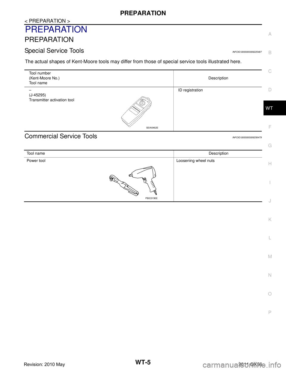 INFINITI QX56 2011 Factory Service Manual
PREPARATIONWT-5
< PREPARATION >
C
DF
G H
I
J
K L
M A
B
WT
N
O P
PREPARATION
PREPARATION
Special Service ToolsINFOID:0000000006225487
The actual shapes of Kent-Moore tools may differ fr om those of sp INFINITI QX56 2011 Factory Service Manual
PREPARATIONWT-5
< PREPARATION >
C
DF
G H
I
J
K L
M A
B
WT
N
O P
PREPARATION
PREPARATION
Special Service ToolsINFOID:0000000006225487
The actual shapes of Kent-Moore tools may differ fr om those of sp