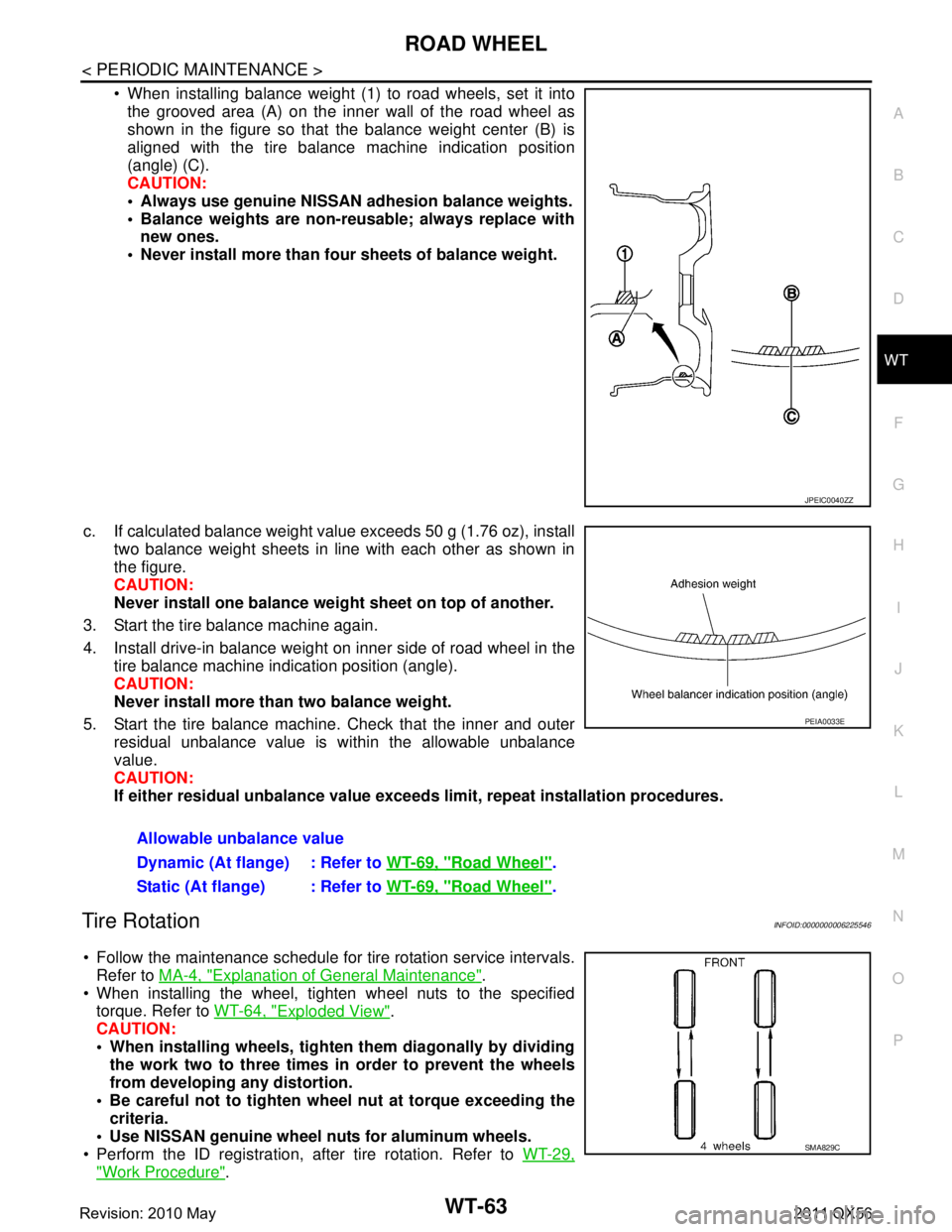 INFINITI QX56 2011 Factory Service Manual
ROAD WHEELWT-63
< PERIODIC MAINTENANCE >
C
DF
G H
I
J
K L
M A
B
WT
N
O P
When installing balance weight (1) to road wheels, set it into the grooved area (A) on the inner wall of the road wheel as
s INFINITI QX56 2011 Factory Service Manual
ROAD WHEELWT-63
< PERIODIC MAINTENANCE >
C
DF
G H
I
J
K L
M A
B
WT
N
O P
When installing balance weight (1) to road wheels, set it into the grooved area (A) on the inner wall of the road wheel as
s