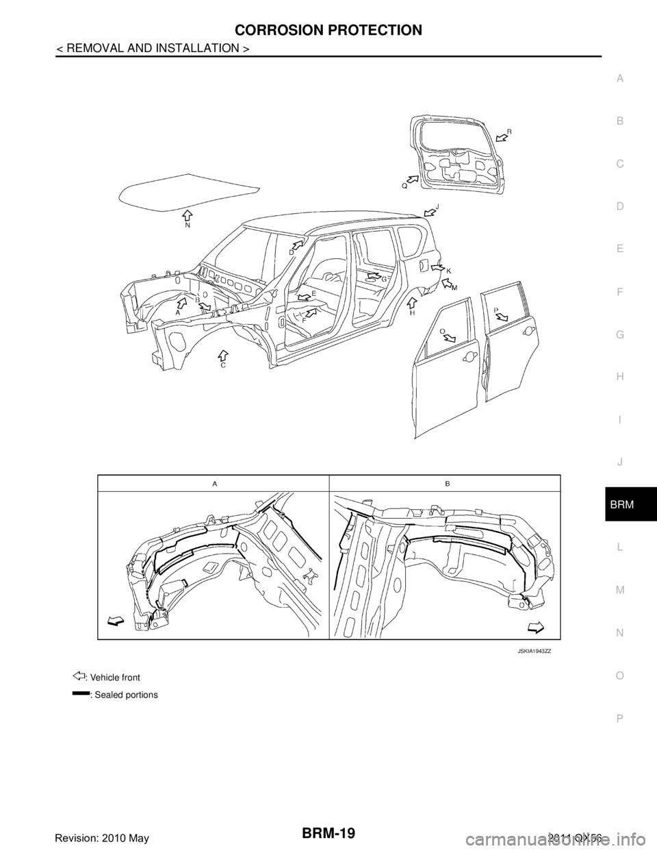 INFINITI QX56 2011  Factory Service Manual 
CORROSION PROTECTIONBRM-19
< REMOVAL AND INSTALLATION >
C
DE
F
G H
I
J
L
M A
B
BRM
N
O P
: Vehicle front : Sealed portions
JSKIA1943ZZ
Revision: 2010 May2011 QX56  