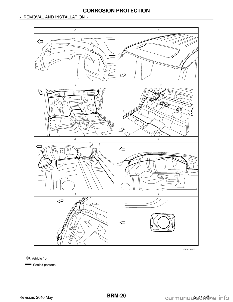 INFINITI QX56 2011  Factory Service Manual 
BRM-20
< REMOVAL AND INSTALLATION >
CORROSION PROTECTION
: Vehicle front: Sealed portions
JSKIA1944ZZ
Revision: 2010 May2011 QX56  