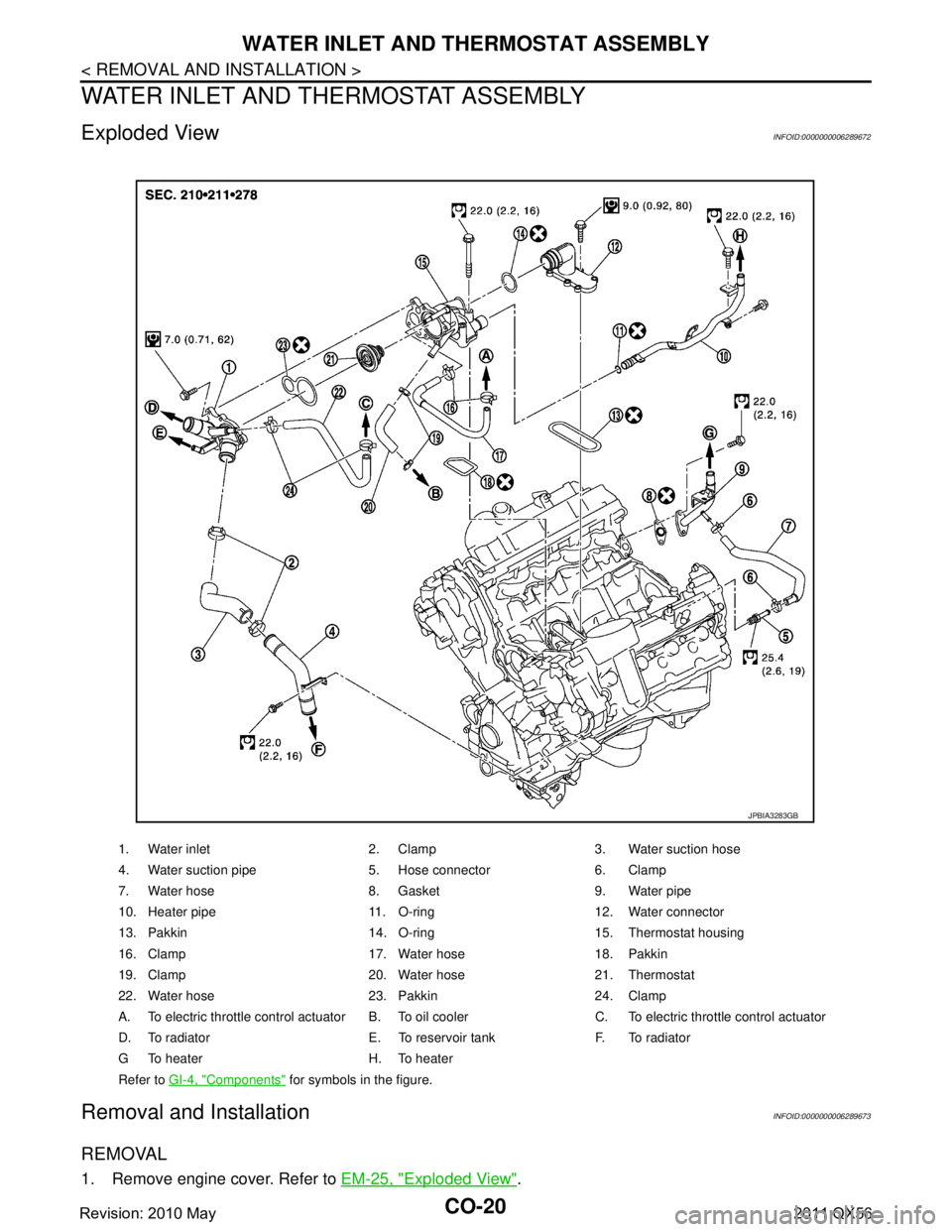 INFINITI QX56 2011 Factory Owners Manual
CO-20
< REMOVAL AND INSTALLATION >
WATER INLET AND THERMOSTAT ASSEMBLY
WATER INLET AND THERMOSTAT ASSEMBLY
Exploded ViewINFOID:0000000006289672
Removal and InstallationINFOID:0000000006289673
REMOVAL INFINITI QX56 2011 Factory Owners Manual
CO-20
< REMOVAL AND INSTALLATION >
WATER INLET AND THERMOSTAT ASSEMBLY
WATER INLET AND THERMOSTAT ASSEMBLY
Exploded ViewINFOID:0000000006289672
Removal and InstallationINFOID:0000000006289673
REMOVAL