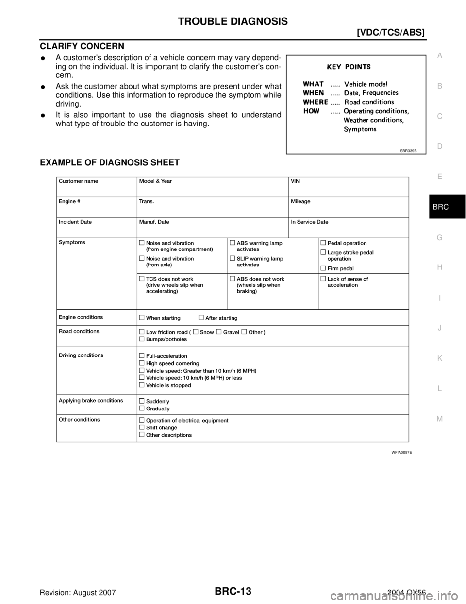 INFINITI QX56 2004  Factory User Guide TROUBLE DIAGNOSIS
BRC-13
[VDC/TCS/ABS]
C
D
E
G
H
I
J
K
L
MA
B
BRC
Revision: August 20072004 QX56
CLARIFY CONCERN
A customers description of a vehicle concern may vary depend-
ing on the individual. 