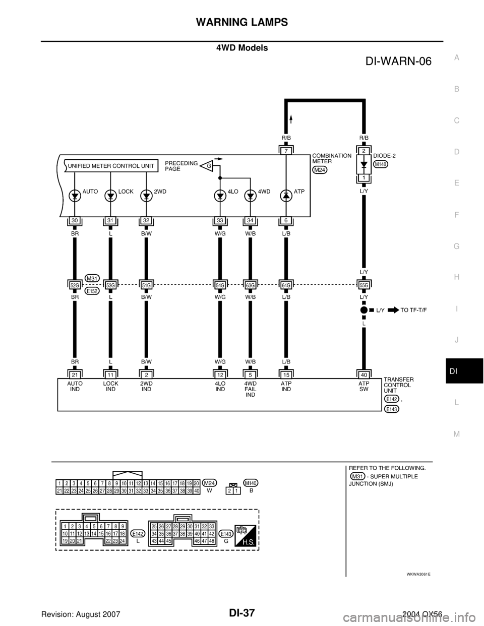 INFINITI QX56 2004  Factory Owners Manual WARNING LAMPS
DI-37
C
D
E
F
G
H
I
J
L
MA
B
DI
Revision: August 20072004 QX56
4WD Models
WKWA3061E 