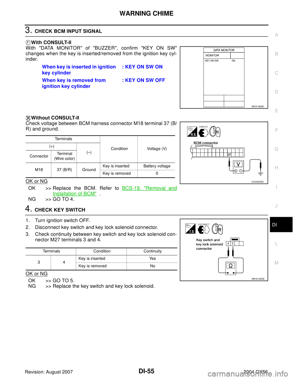 INFINITI QX56 2004  Factory Service Manual WARNING CHIME
DI-55
C
D
E
F
G
H
I
J
L
MA
B
DI
Revision: August 20072004 QX56
3. CHECK BCM INPUT SIGNAL
With CONSULT-II
With "DATA MONITOR" of "BUZZER", confirm "KEY ON SW"
changes when the key is inse