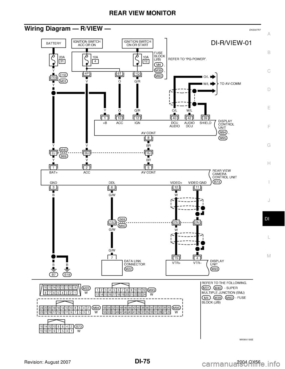 INFINITI QX56 2004  Factory Repair Manual REAR VIEW MONITOR
DI-75
C
D
E
F
G
H
I
J
L
MA
B
DI
Revision: August 20072004 QX56
Wiring Diagram — R/VIEW —EKS007R7
WKWA1180E 