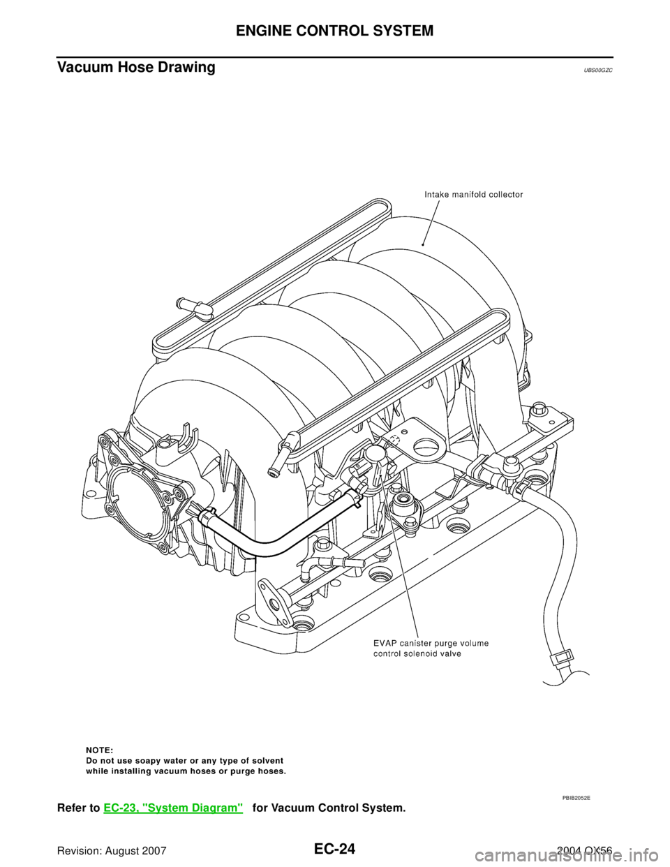 INFINITI QX56 2004  Factory Manual PDF EC-24Revision: August 2007
ENGINE CONTROL SYSTEM
2004 QX56
Vacuum Hose DrawingUBS00GZC
Refer to EC-23, "System Diagram"   for Vacuum Control System.
PBIB2052E 