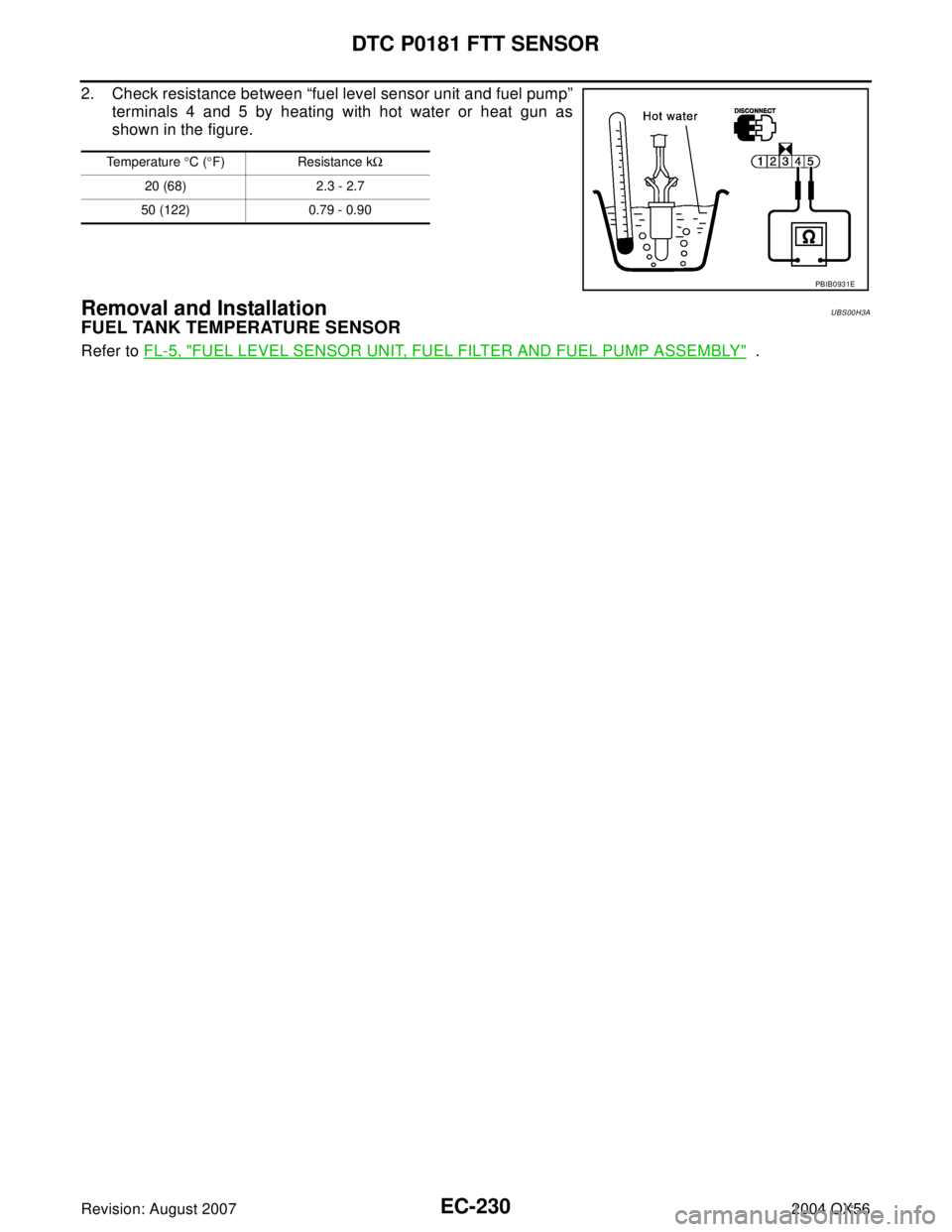 INFINITI QX56 2004  Factory User Guide EC-230Revision: August 2007
DTC P0181 FTT SENSOR
2004 QX56
2. Check resistance between “fuel level sensor unit and fuel pump”
terminals 4 and 5 by heating with hot water or heat gun as
shown in th