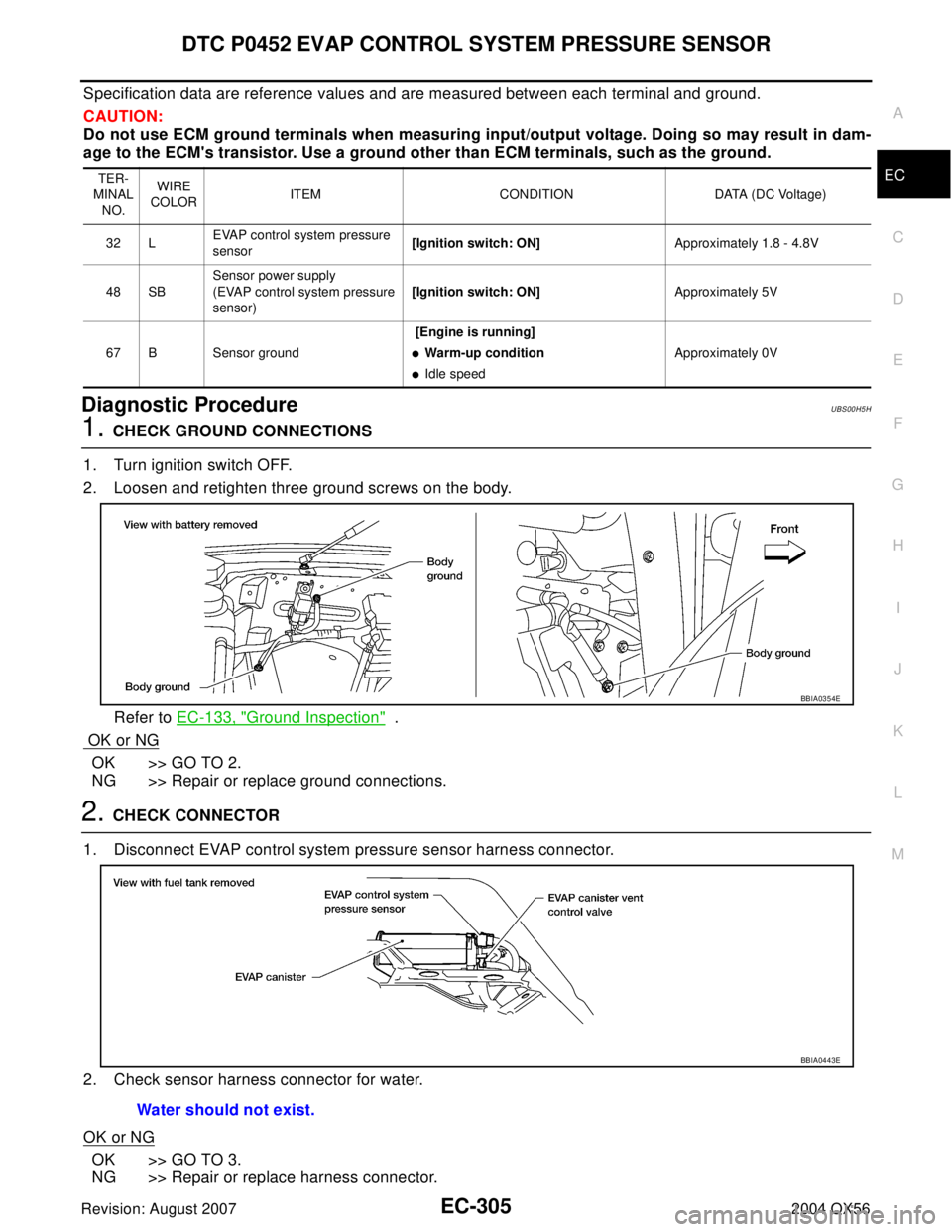 INFINITI QX56 2004 Factory Service Manual DTC P0452 EVAP CONTROL SYSTEM PRESSURE SENSOR
EC-305
C
D
E
F
G
H
I
J
K
L
MA
EC
Revision: August 20072004 QX56
Specification data are reference values and are measured between each terminal and ground. INFINITI QX56 2004 Factory Service Manual DTC P0452 EVAP CONTROL SYSTEM PRESSURE SENSOR
EC-305
C
D
E
F
G
H
I
J
K
L
MA
EC
Revision: August 20072004 QX56
Specification data are reference values and are measured between each terminal and ground.