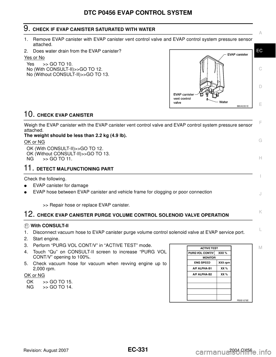 INFINITI QX56 2004  Factory Service Manual DTC P0456 EVAP CONTROL SYSTEM
EC-331
C
D
E
F
G
H
I
J
K
L
MA
EC
Revision: August 20072004 QX56
9. CHECK IF EVAP CANISTER SATURATED WITH WATER
1. Remove EVAP canister with EVAP canister vent control val