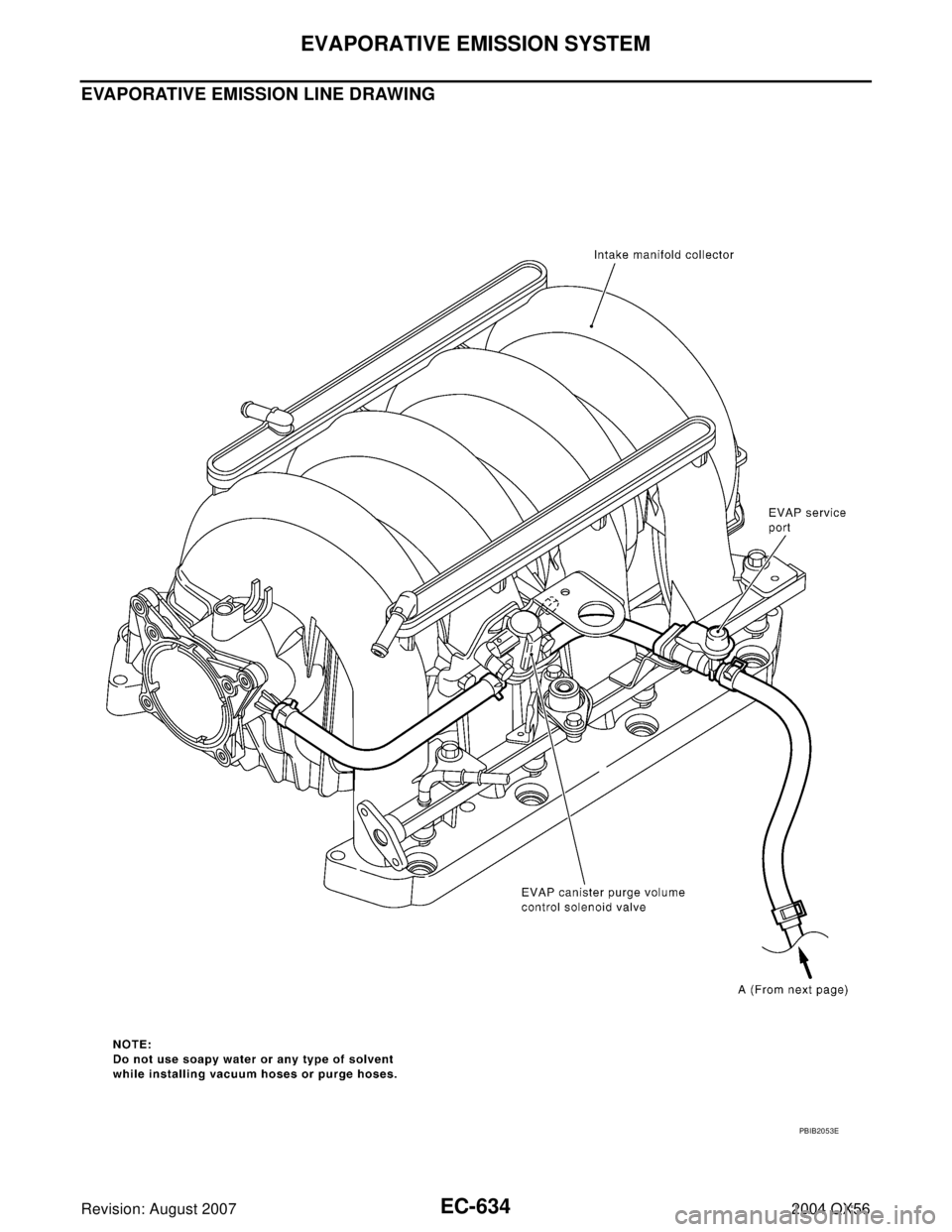 INFINITI QX56 2004  Factory Service Manual EC-634Revision: August 2007
EVAPORATIVE EMISSION SYSTEM
2004 QX56
EVAPORATIVE EMISSION LINE DRAWING
PBIB2053E 