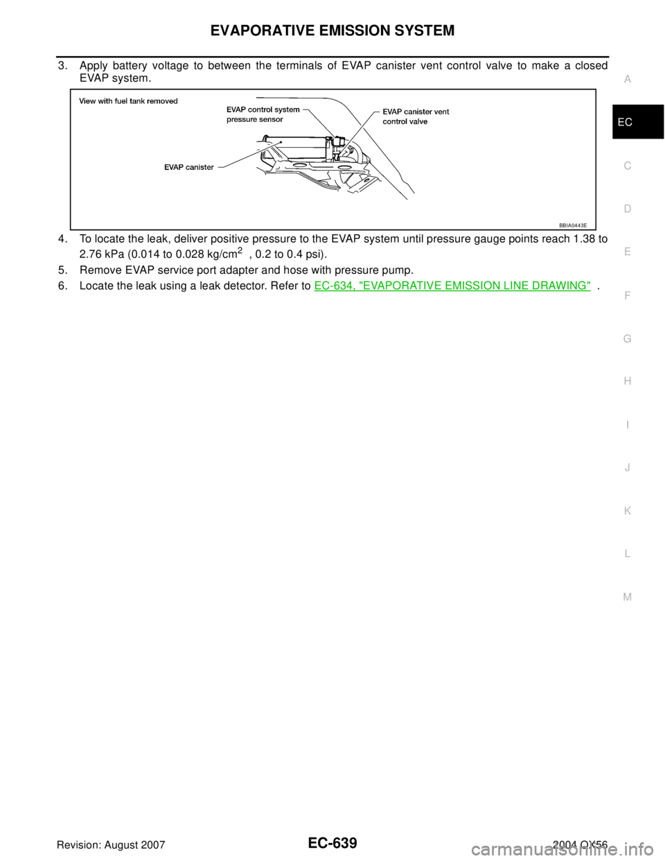INFINITI QX56 2004 Factory Service Manual EVAPORATIVE EMISSION SYSTEM
EC-639
C
D
E
F
G
H
I
J
K
L
MA
EC
Revision: August 20072004 QX56
3. Apply battery voltage to between the terminals of EVAP canister vent control valve to make a closed
EVAP INFINITI QX56 2004 Factory Service Manual EVAPORATIVE EMISSION SYSTEM
EC-639
C
D
E
F
G
H
I
J
K
L
MA
EC
Revision: August 20072004 QX56
3. Apply battery voltage to between the terminals of EVAP canister vent control valve to make a closed
EVAP