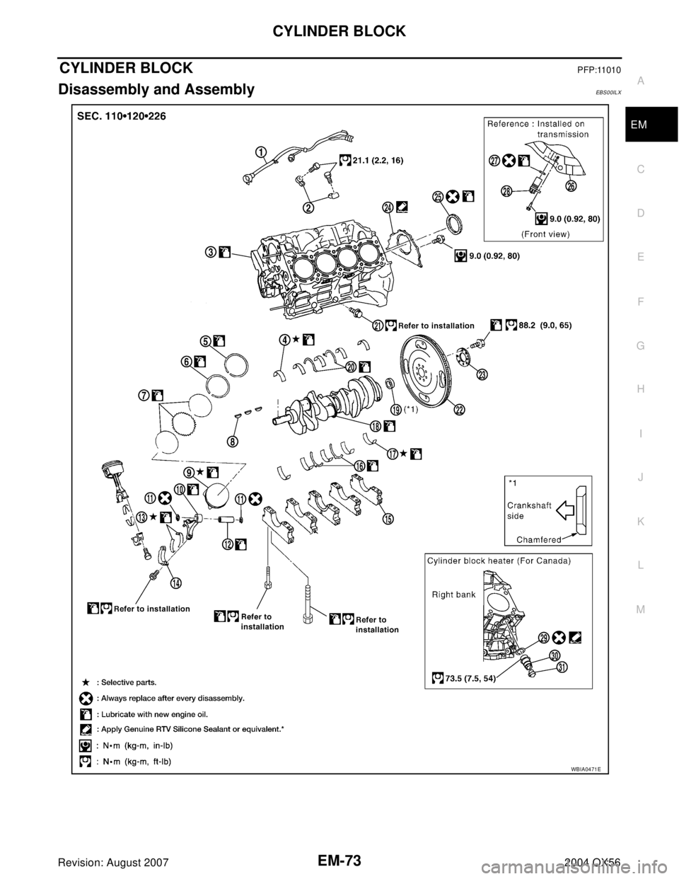 INFINITI QX56 2004  Factory Service Manual CYLINDER BLOCK
EM-73
C
D
E
F
G
H
I
J
K
L
MA
EM
Revision: August 20072004 QX56
CYLINDER BLOCKPFP:11010
Disassembly and AssemblyEBS00ILX
WBIA0471E 