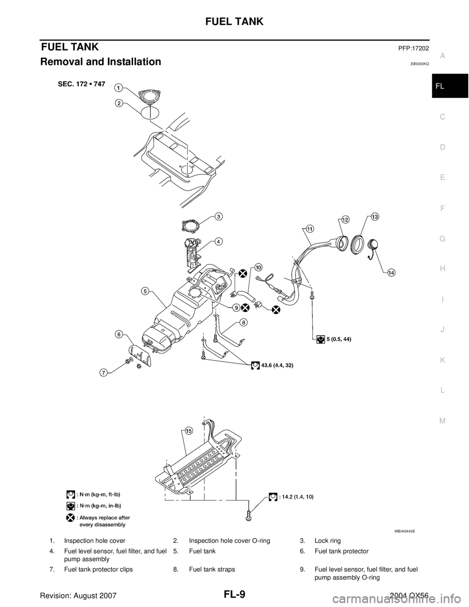 INFINITI QX56 2004  Factory Service Manual FUEL TANK
FL-9
C
D
E
F
G
H
I
J
K
L
MA
FL
Revision: August 20072004 QX56
FUEL TANKPFP:17202
Removal and InstallationEBS00IKQ
1. Inspection hole cover 2. Inspection hole cover O-ring 3. Lock ring
4. Fue