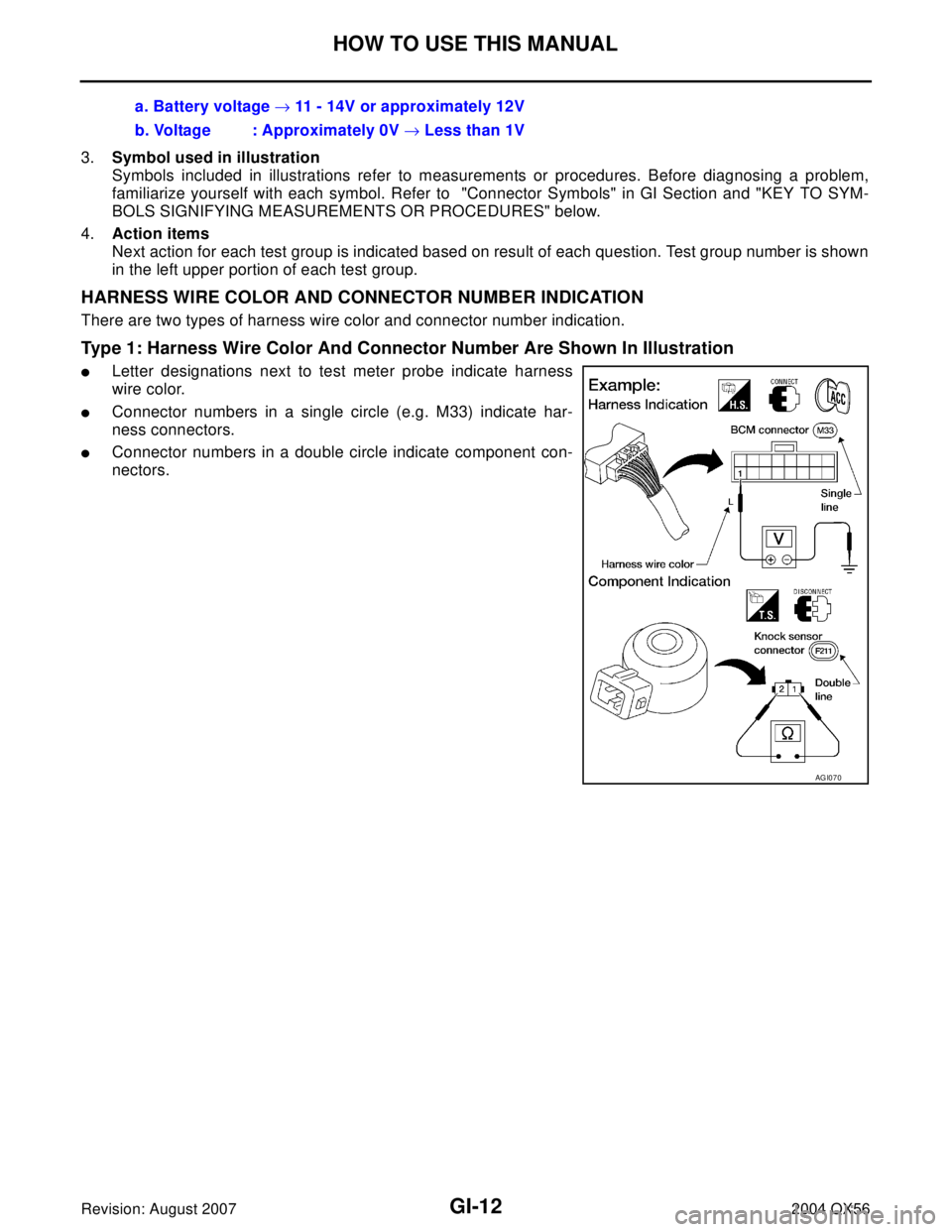 INFINITI QX56 2004  Factory Service Manual GI-12
HOW TO USE THIS MANUAL
Revision: August 20072004 QX56
3.Symbol used in illustration
Symbols included in illustrations refer to measurements or procedures. Before diagnosing a problem,
familiariz