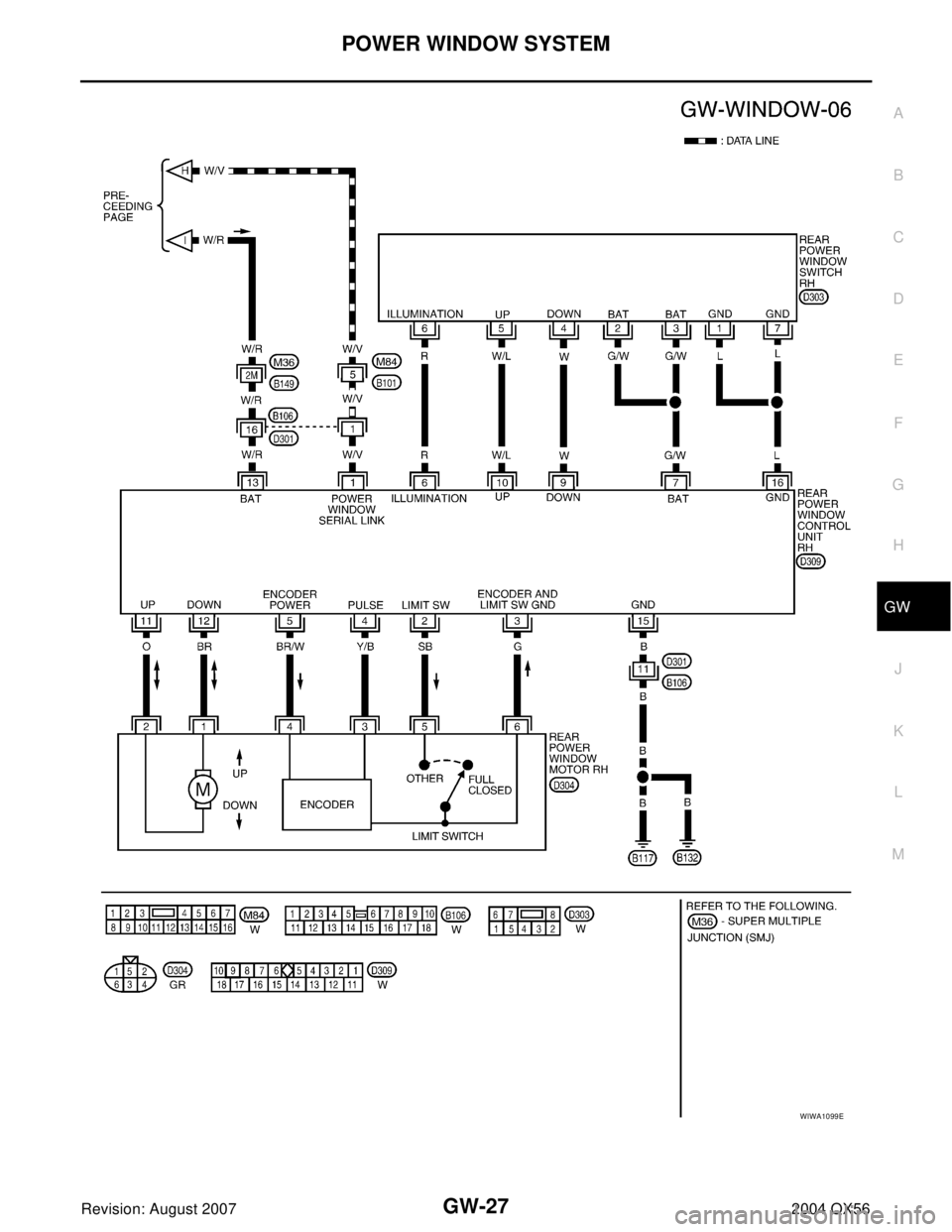 INFINITI QX56 2004  Factory Service Manual POWER WINDOW SYSTEM
GW-27
C
D
E
F
G
H
J
K
L
MA
B
GW
Revision: August 20072004 QX56
WIWA1099E 