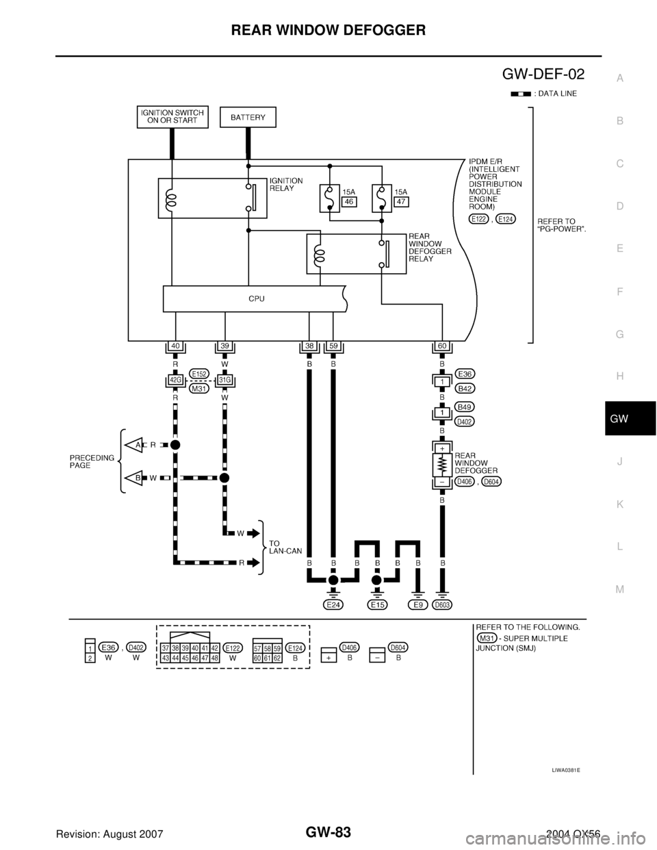 INFINITI QX56 2004  Factory Service Manual REAR WINDOW DEFOGGER
GW-83
C
D
E
F
G
H
J
K
L
MA
B
GW
Revision: August 20072004 QX56
LIWA0381E 