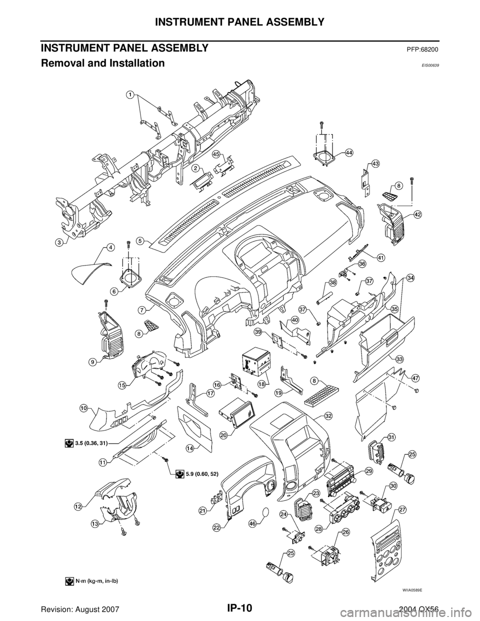 INFINITI QX56 2004  Factory Owners Guide IP-10
INSTRUMENT PANEL ASSEMBLY
Revision: August 20072004 QX56
INSTRUMENT PANEL ASSEMBLYPFP:68200
Removal and InstallationEIS00639
WIIA0589E 