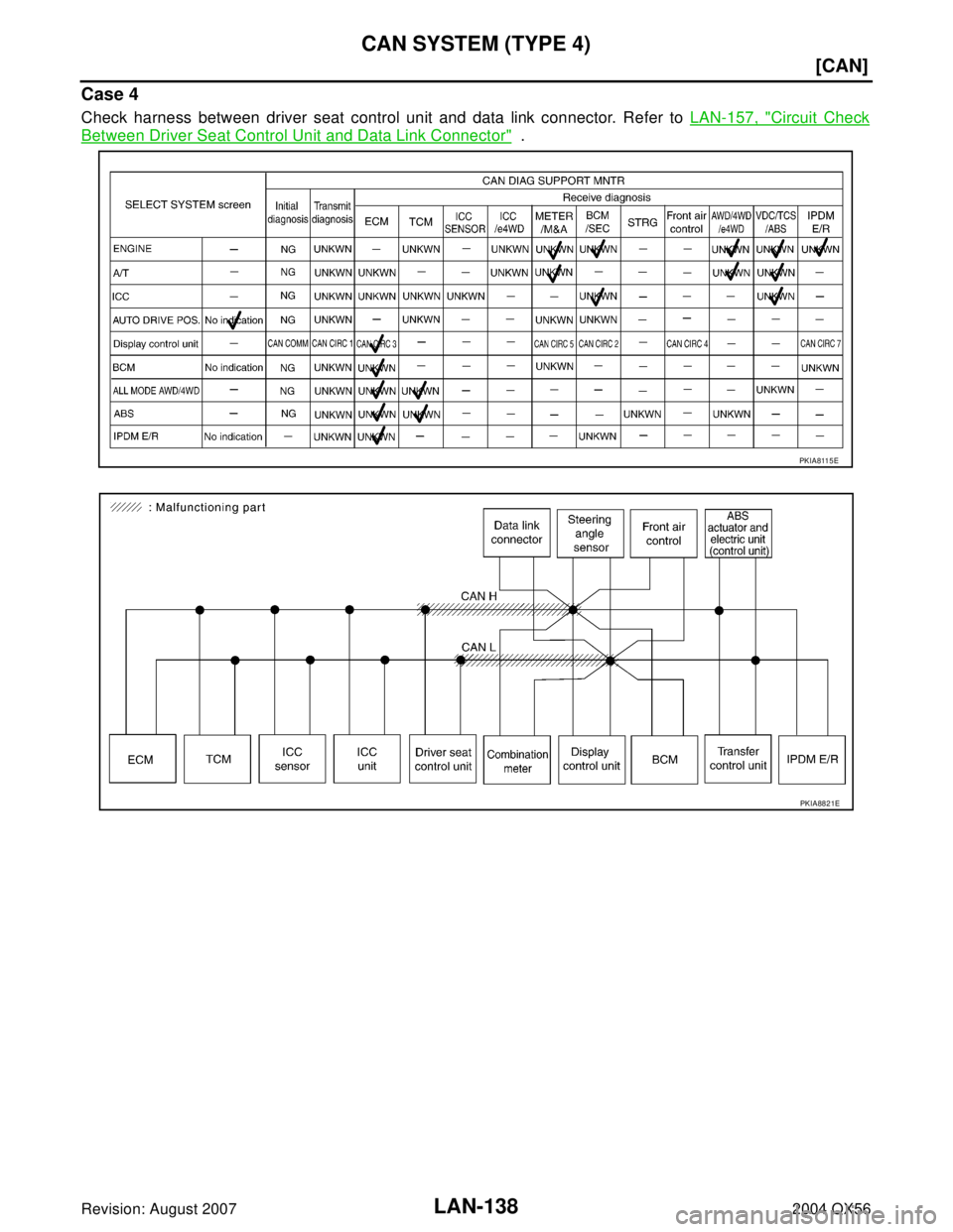 INFINITI QX56 2004  Factory Service Manual LAN-138
[CAN]
CAN SYSTEM (TYPE 4)
Revision: August 20072004 QX56
Case 4
Check harness between driver seat control unit and data link connector. Refer to LAN-157, "Circuit Check
Between Driver Seat Con