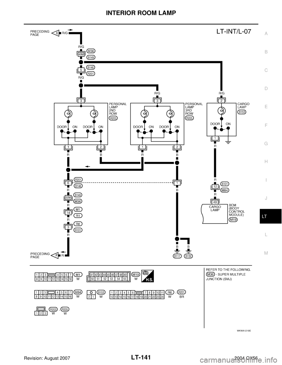 INFINITI QX56 2004  Factory Service Manual INTERIOR ROOM LAMP
LT-141
C
D
E
F
G
H
I
J
L
MA
B
LT
Revision: August 20072004 QX56
WKWA1219E 