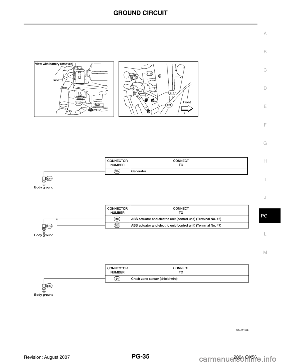 INFINITI QX56 2004  Factory Service Manual GROUND CIRCUIT
PG-35
C
D
E
F
G
H
I
J
L
MA
B
PG
Revision: August 20072004 QX56
WKIA1459E 