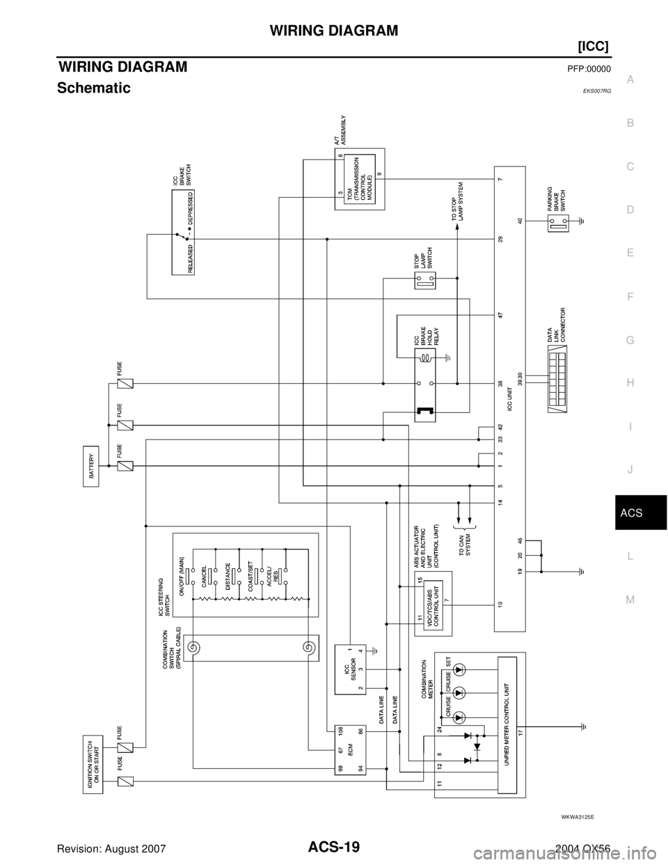 INFINITI QX56 2004  Factory Owners Manual WIRING DIAGRAM
ACS-19
[ICC]
C
D
E
F
G
H
I
J
L
MA
B
ACS
Revision: August 20072004 QX56
WIRING DIAGRAMPFP:00000
SchematicEKS007RG
WKWA3125E 