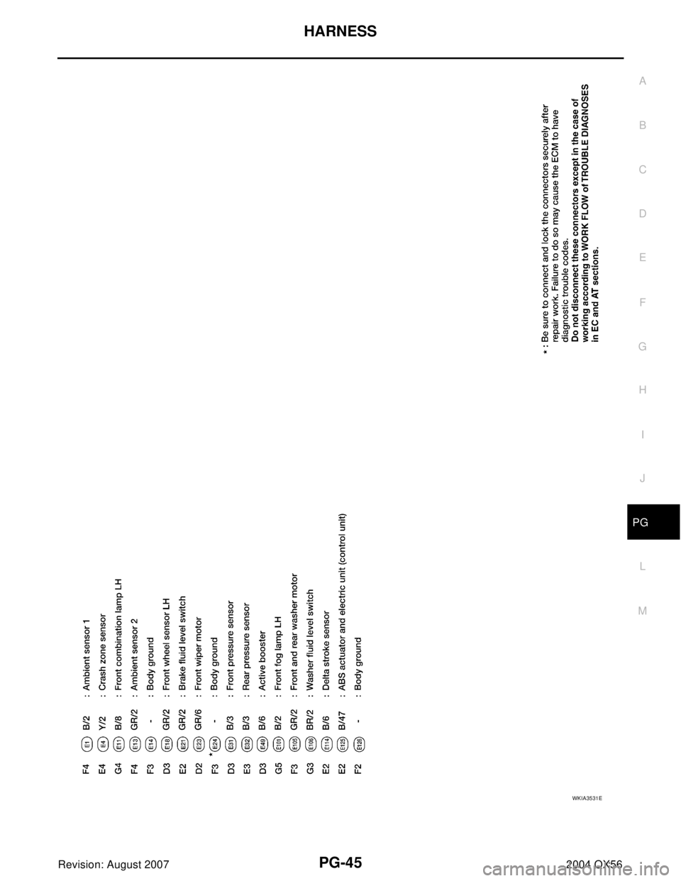 INFINITI QX56 2004  Factory Service Manual HARNESS
PG-45
C
D
E
F
G
H
I
J
L
MA
B
PG
Revision: August 20072004 QX56
WKIA3531E 