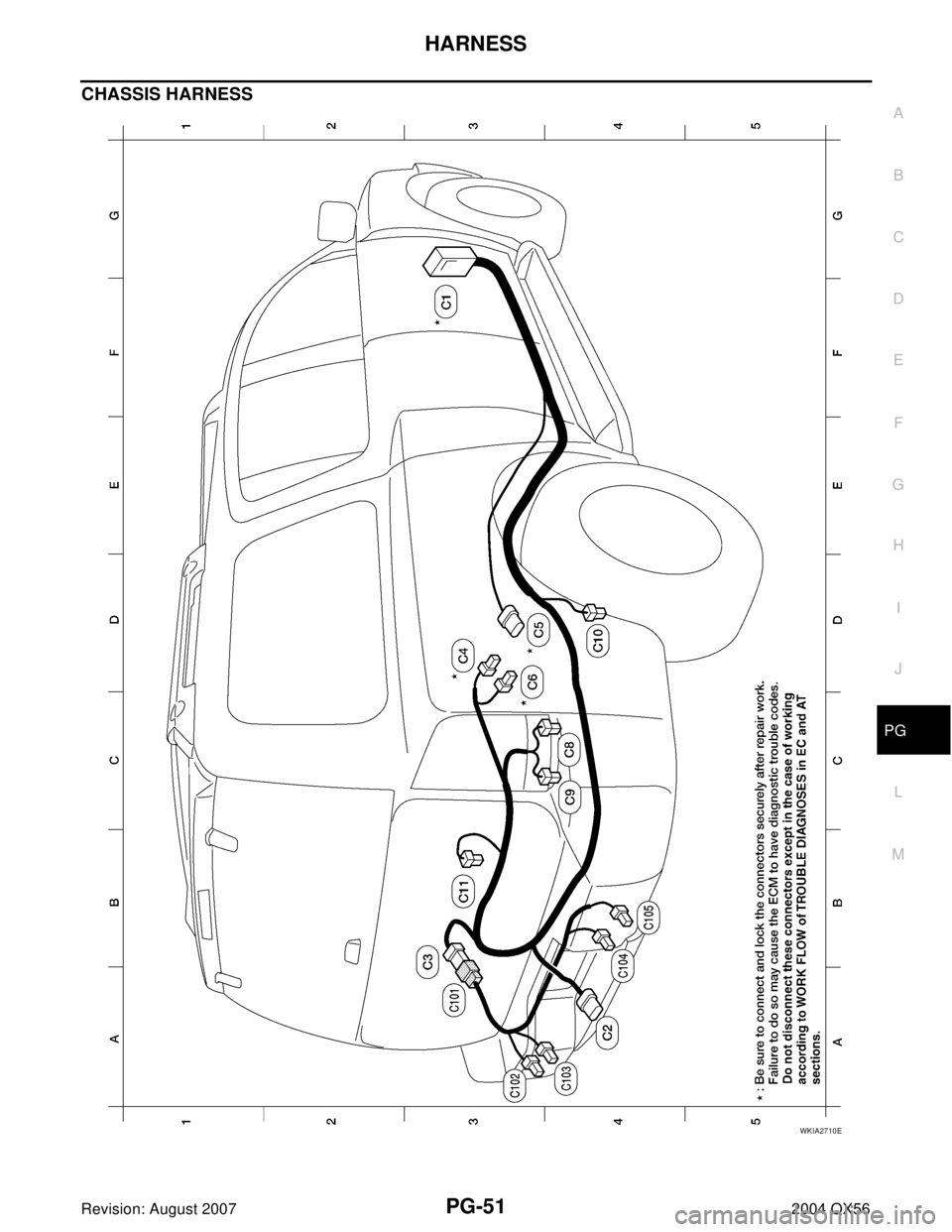 INFINITI QX56 2004  Factory Service Manual HARNESS
PG-51
C
D
E
F
G
H
I
J
L
MA
B
PG
Revision: August 20072004 QX56
CHASSIS HARNESS
WKIA2710E 