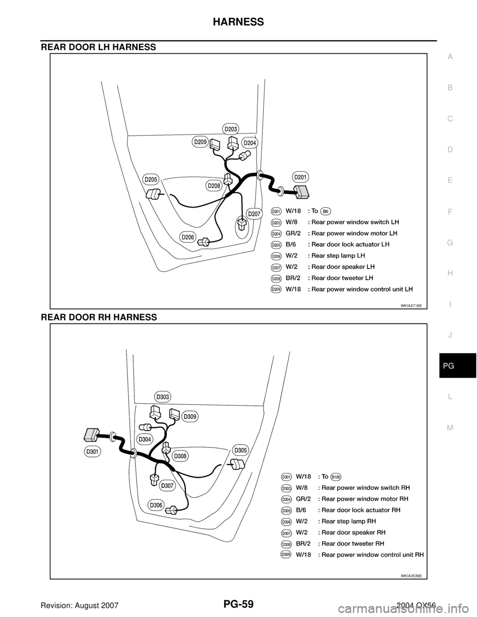 INFINITI QX56 2004  Factory Service Manual HARNESS
PG-59
C
D
E
F
G
H
I
J
L
MA
B
PG
Revision: August 20072004 QX56
REAR DOOR LH HARNESS
REAR DOOR RH HARNESS
WKIA2718E
WKIA3539E 