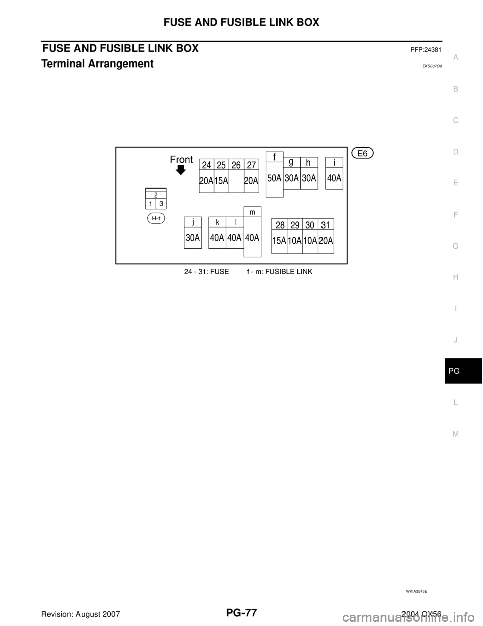 INFINITI QX56 2004  Factory Service Manual FUSE AND FUSIBLE LINK BOX
PG-77
C
D
E
F
G
H
I
J
L
MA
B
PG
Revision: August 20072004 QX56
FUSE AND FUSIBLE LINK BOXPFP:24381
Terminal ArrangementEKS007O9
WKIA3543E 