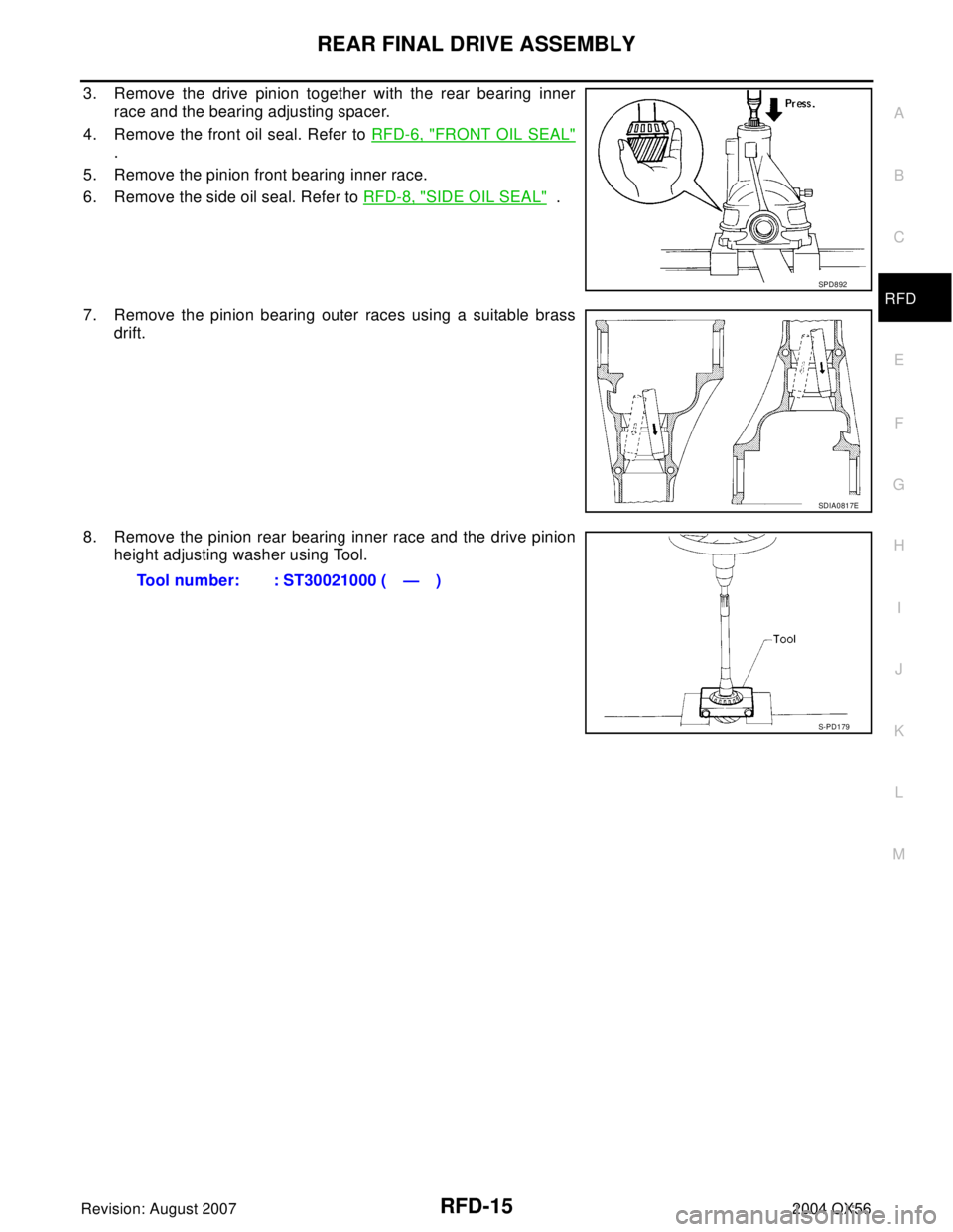 INFINITI QX56 2004  Factory Workshop Manual REAR FINAL DRIVE ASSEMBLY
RFD-15
C
E
F
G
H
I
J
K
L
MA
B
RFD
Revision: August 20072004 QX56
3. Remove the drive pinion together with the rear bearing inner
race and the bearing adjusting spacer.
4. Rem