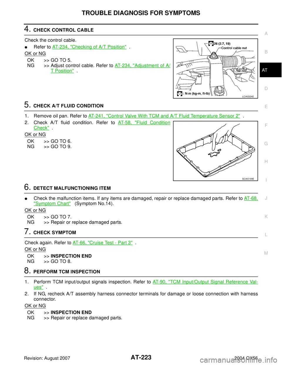 INFINITI QX56 2004  Factory User Guide TROUBLE DIAGNOSIS FOR SYMPTOMS
AT-223
D
E
F
G
H
I
J
K
L
MA
B
AT
Revision: August 20072004 QX56
4. CHECK CONTROL CABLE
Check the control cable.
Refer to AT- 2 3 4 ,  "Checking of A/T Position"  .
OK o