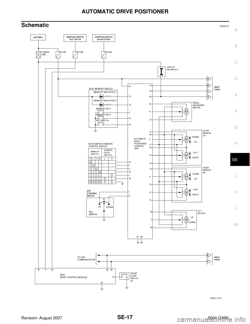 INFINITI QX56 2004  Factory Service Manual AUTOMATIC DRIVE POSITIONER
SE-17
C
D
E
F
G
H
J
K
L
MA
B
SE
Revision: August 20072004 QX56
SchematicEIS002Y9
WIWA1101E 