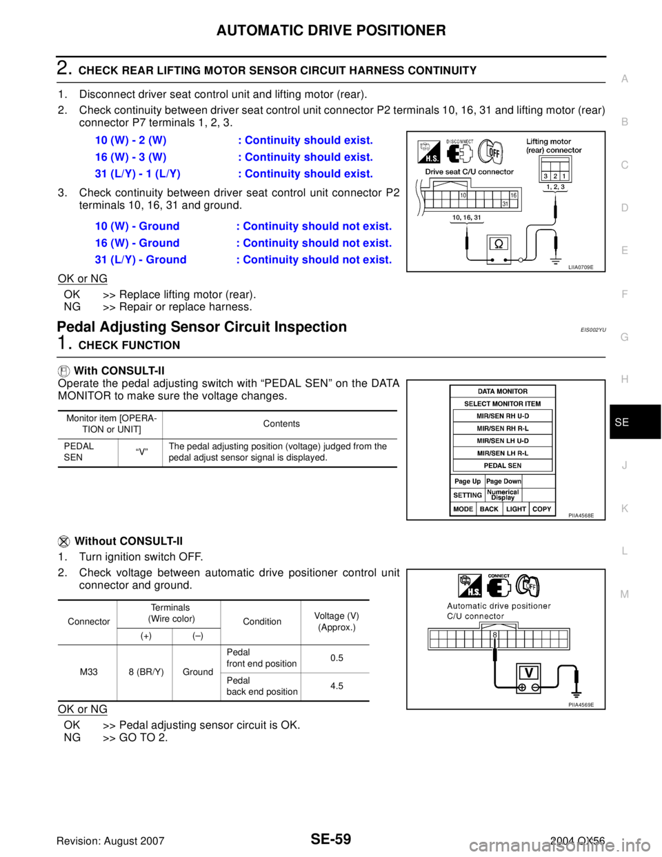 INFINITI QX56 2004 Factory Service Manual AUTOMATIC DRIVE POSITIONER
SE-59
C
D
E
F
G
H
J
K
L
MA
B
SE
Revision: August 20072004 QX56
2. CHECK REAR LIFTING MOTOR SENSOR CIRCUIT HARNESS CONTINUITY
1. Disconnect driver seat control unit and lifti INFINITI QX56 2004 Factory Service Manual AUTOMATIC DRIVE POSITIONER
SE-59
C
D
E
F
G
H
J
K
L
MA
B
SE
Revision: August 20072004 QX56
2. CHECK REAR LIFTING MOTOR SENSOR CIRCUIT HARNESS CONTINUITY
1. Disconnect driver seat control unit and lifti